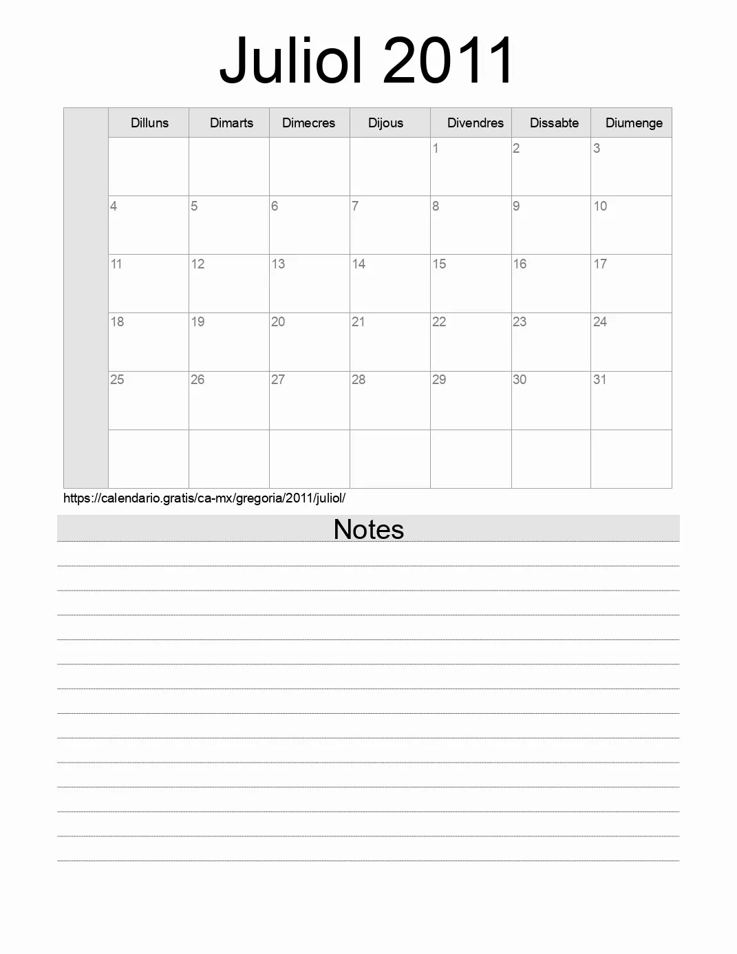 Calendari de Juliol 2011 per imprimir amb notes. (Mèxic)