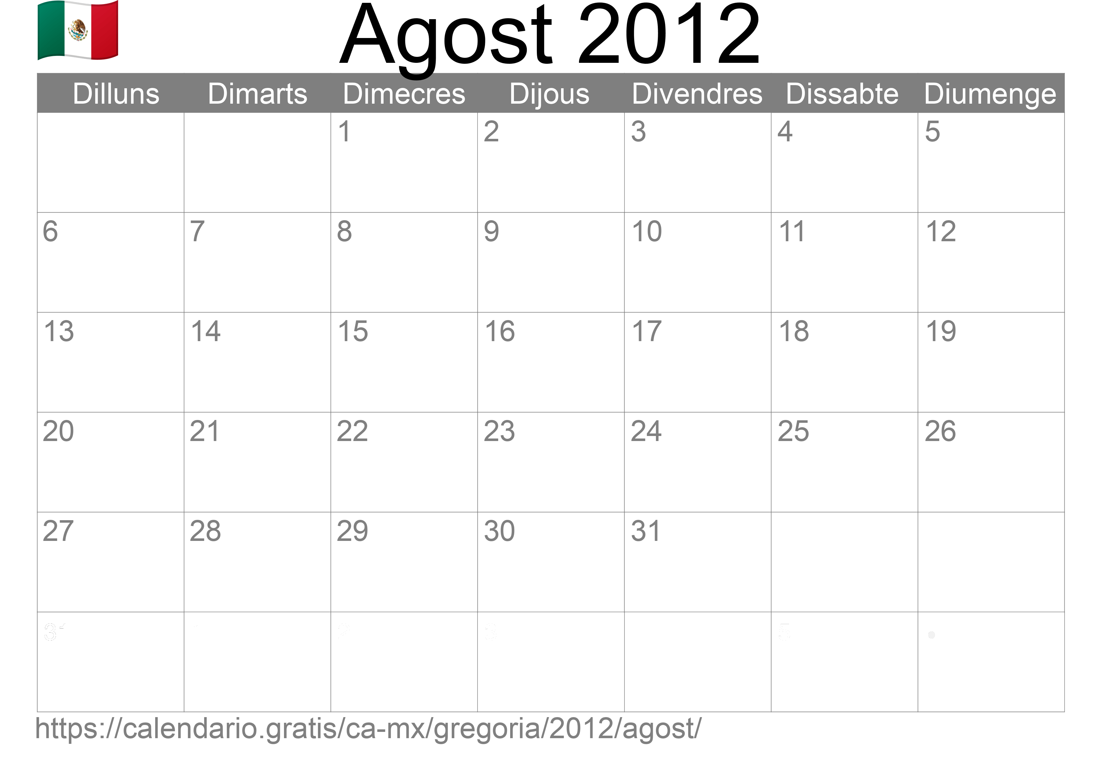 Calendari Agost 2012 per imprimir