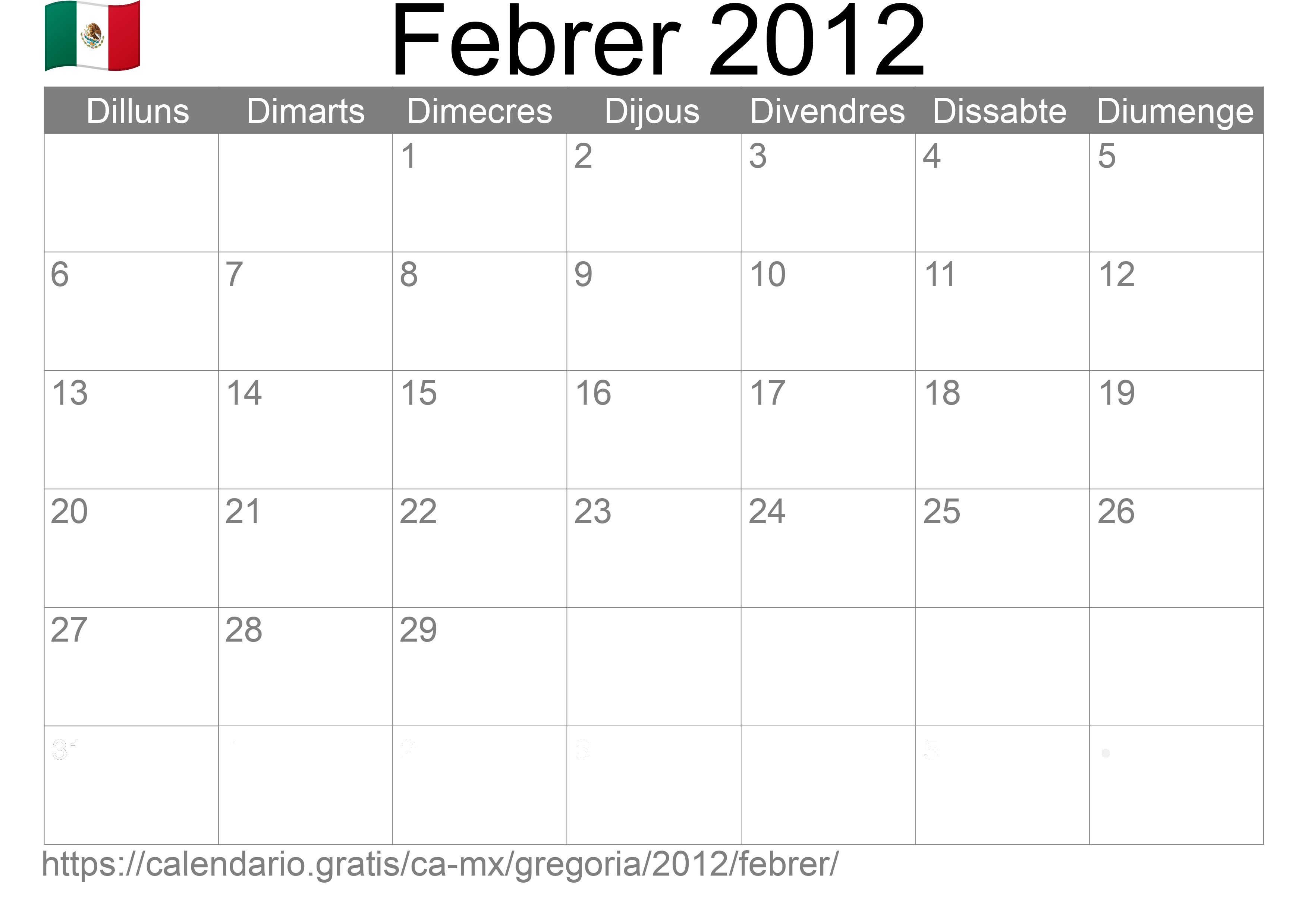 Calendari Febrer 2012 per imprimir