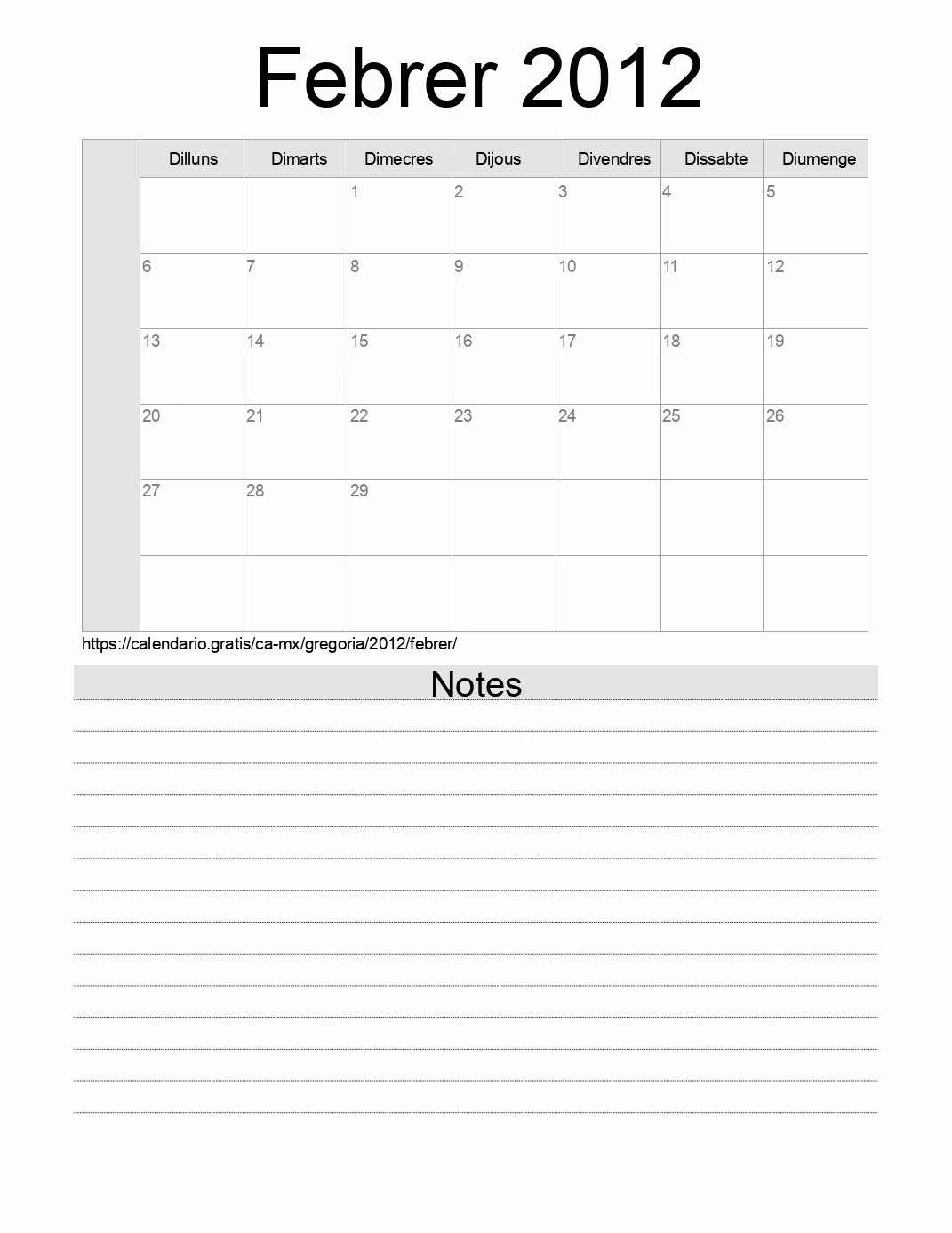 Calendari de Febrer 2012 per imprimir amb notes. (Mèxic) Calendari de Febrer 2012 per imprimir amb notes. (Mèxic)