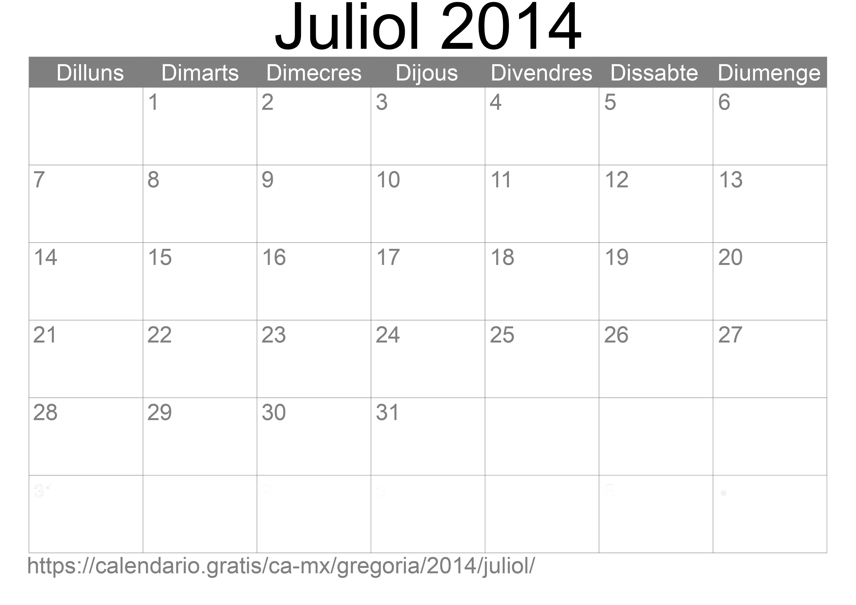 Calendari Juliol 2014 per imprimir (Mèxic)
