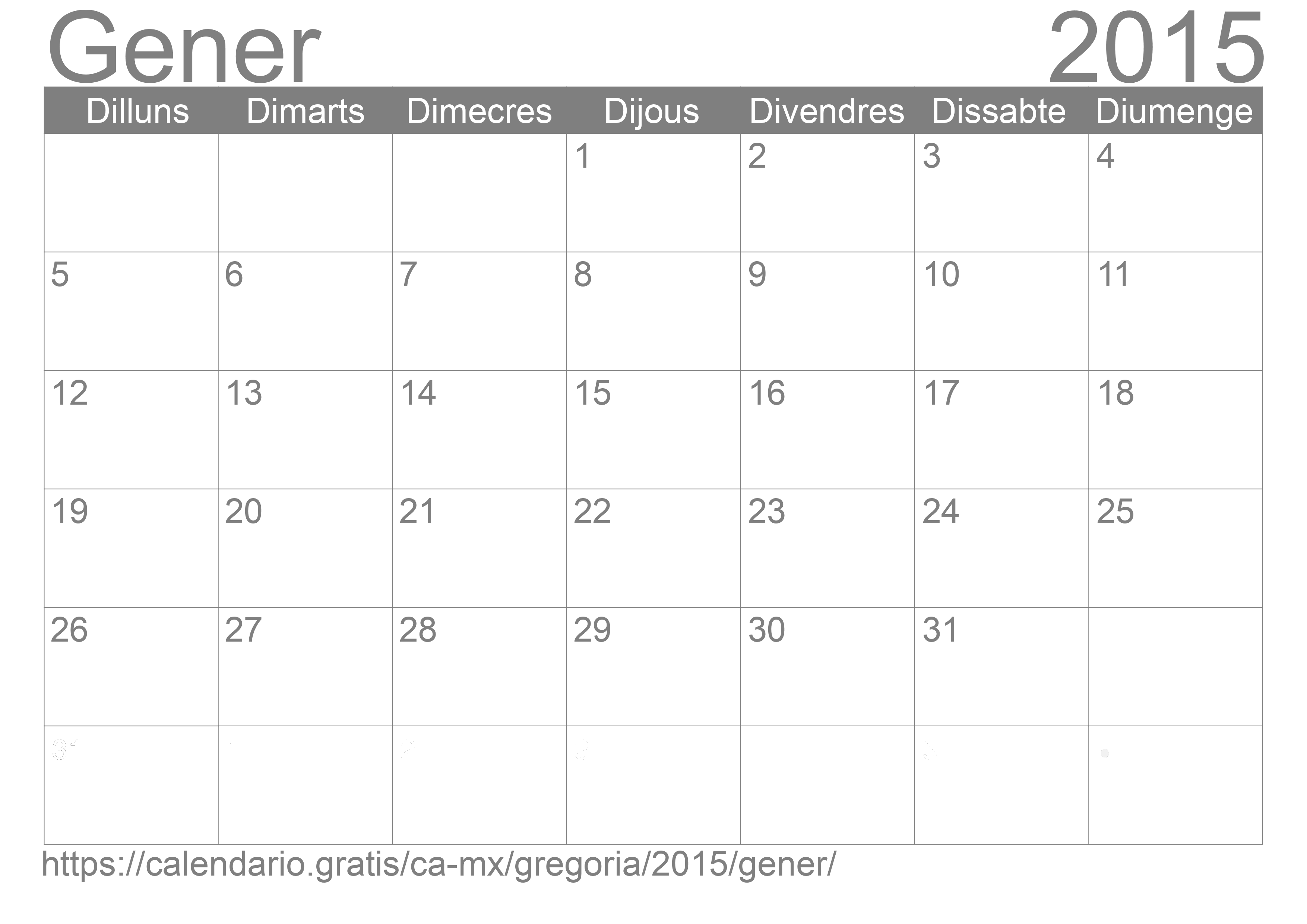 Calendari Gener 2015 per imprimir