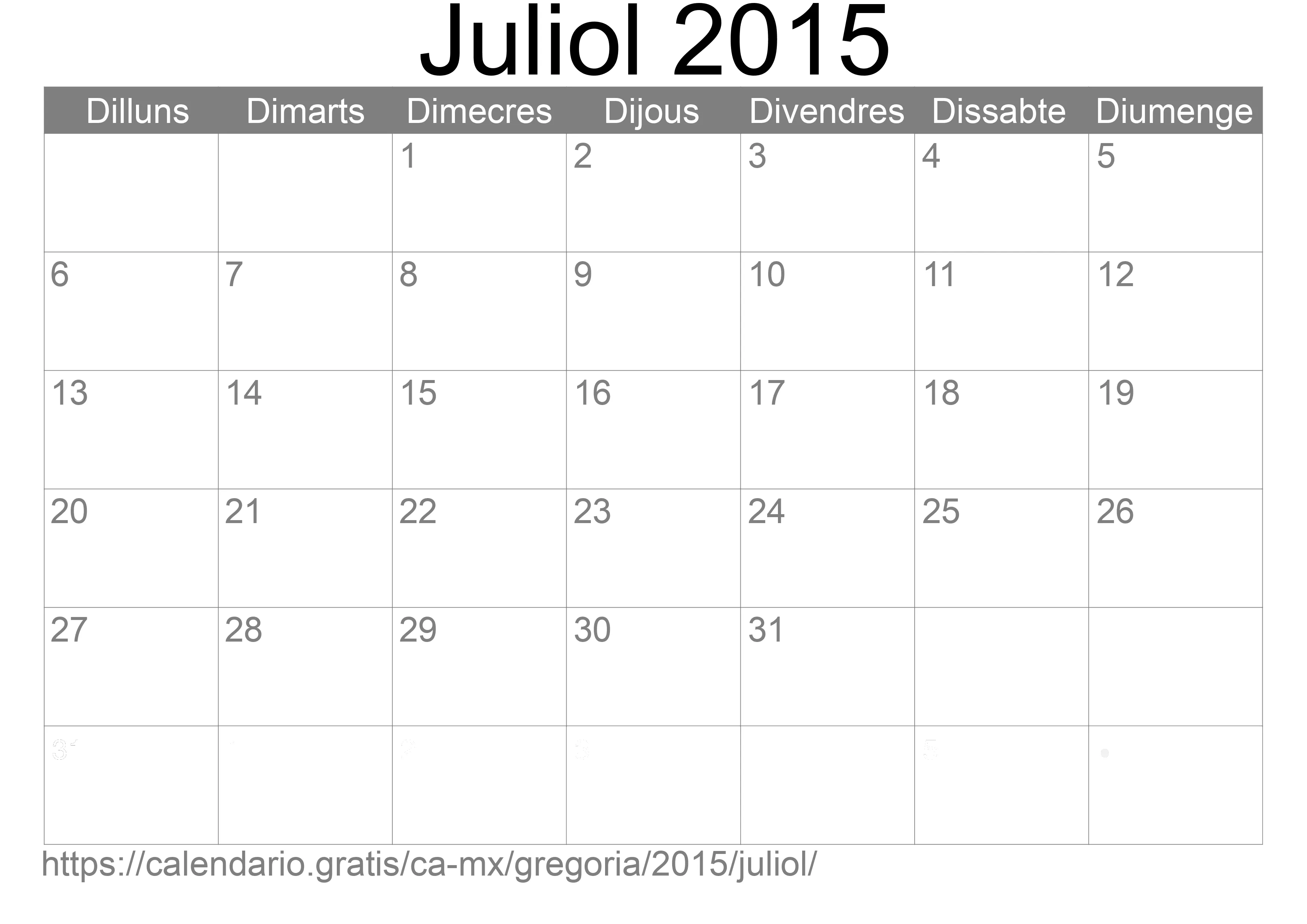 Calendari Juliol 2015 per imprimir (Mèxic)