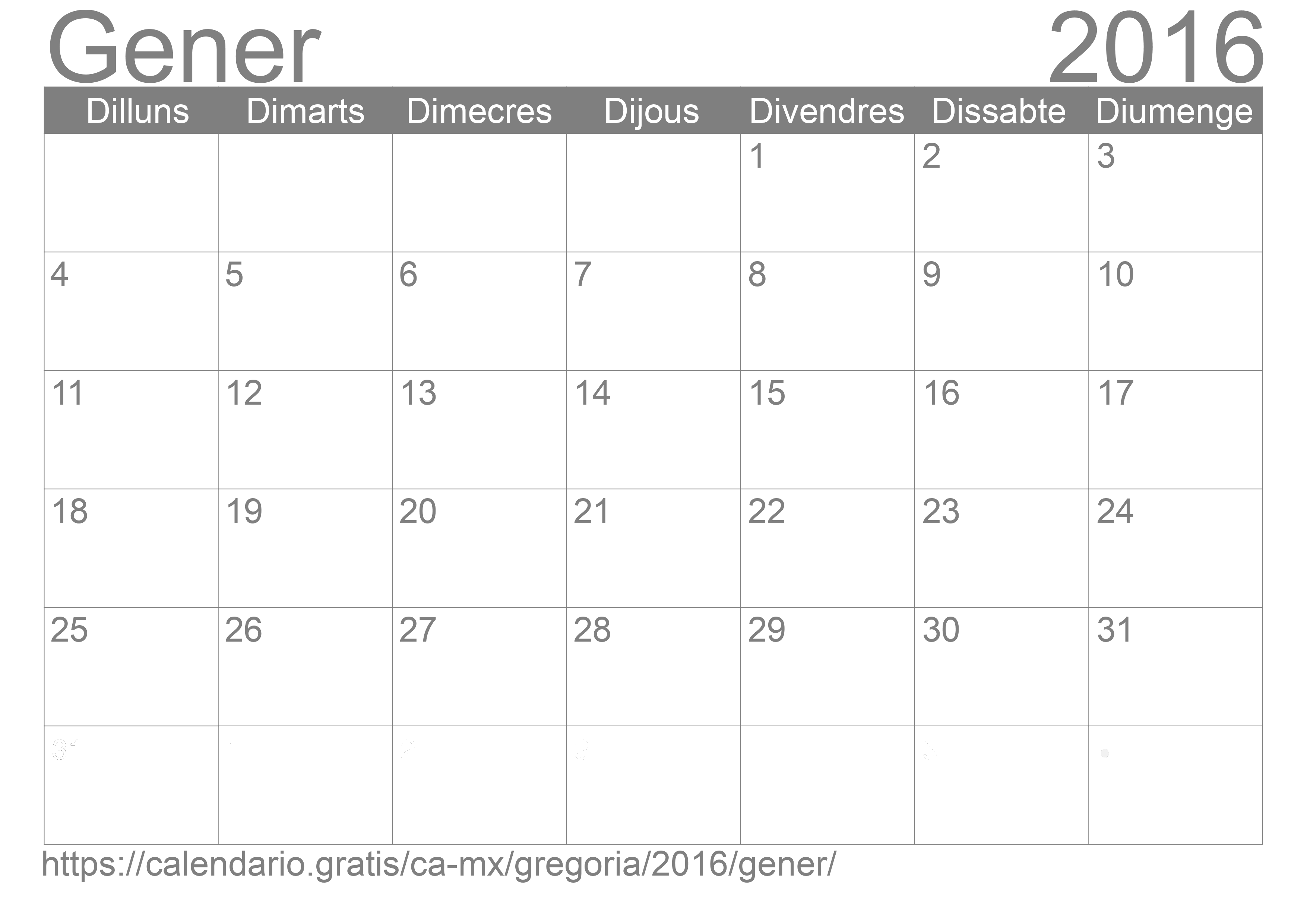 Calendari Gener 2016 per imprimir