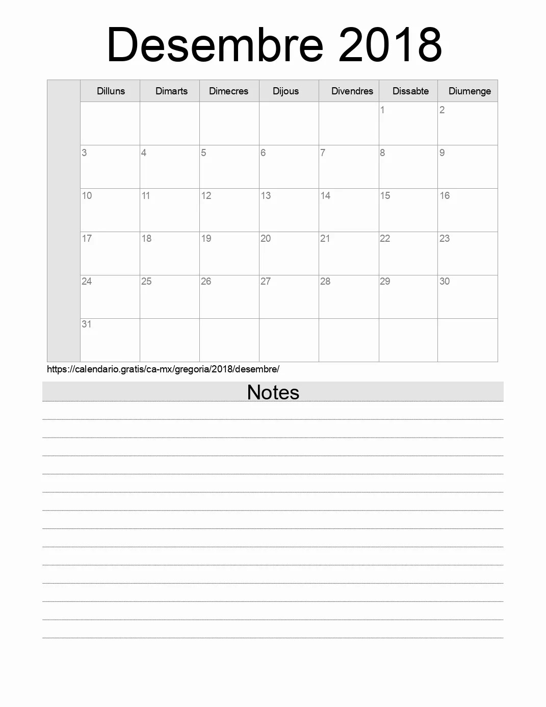Calendari de Desembre 2018 per imprimir amb notes. (Mèxic)