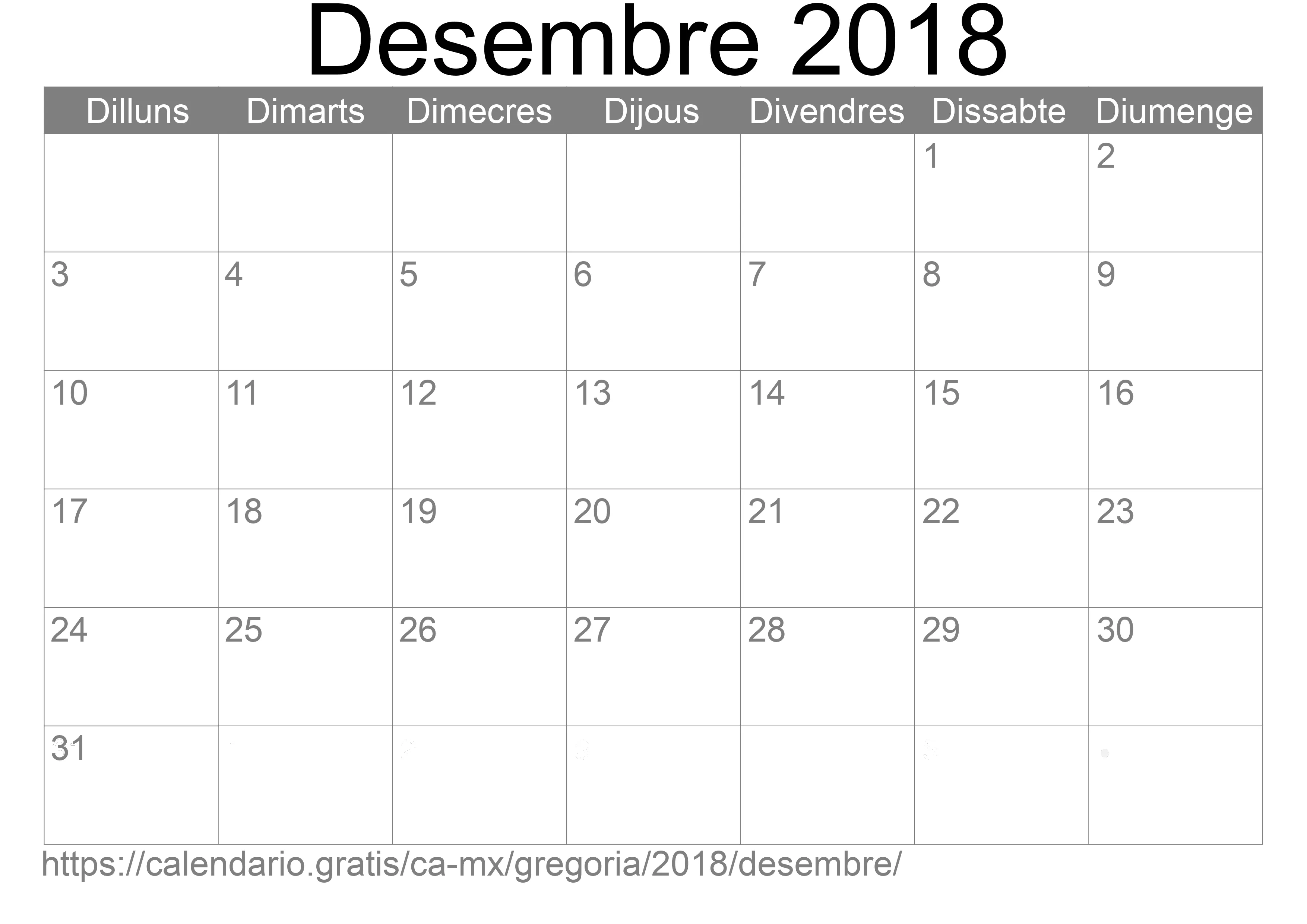 Calendari Desembre 2018 per imprimir (Mèxic)