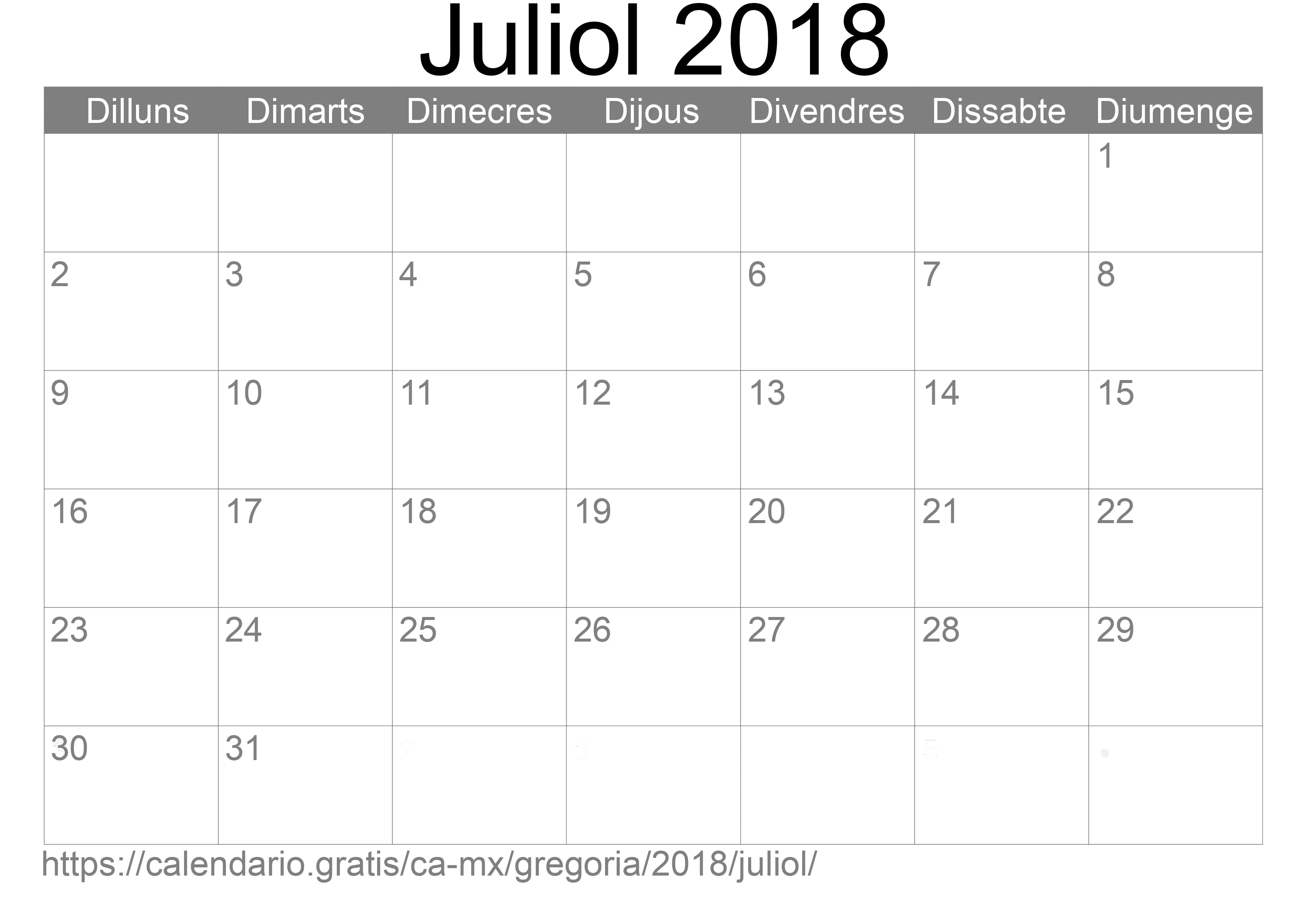 Calendari Juliol 2018 per imprimir (Mèxic)