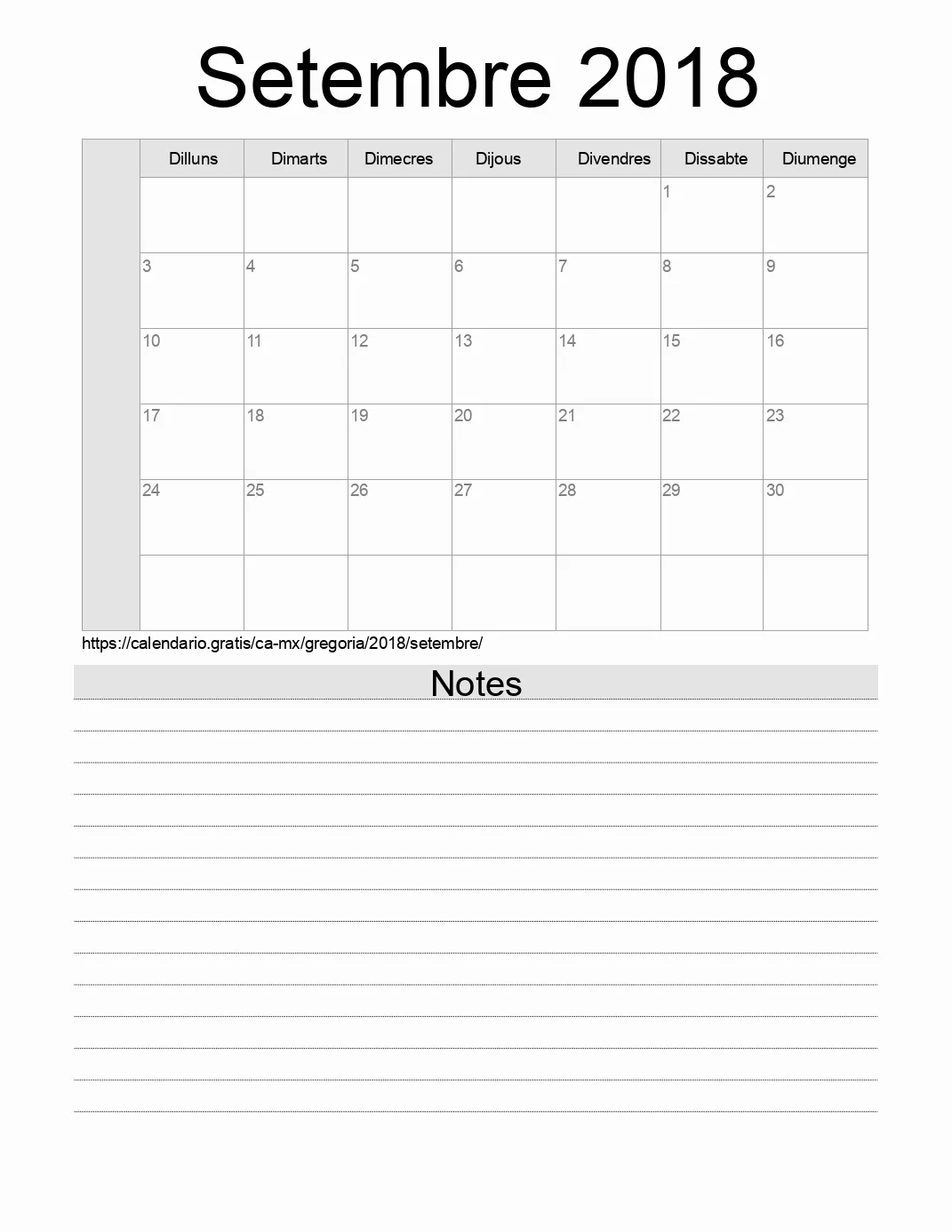 Calendari de Setembre 2018 per imprimir amb notes. (Mèxic)
