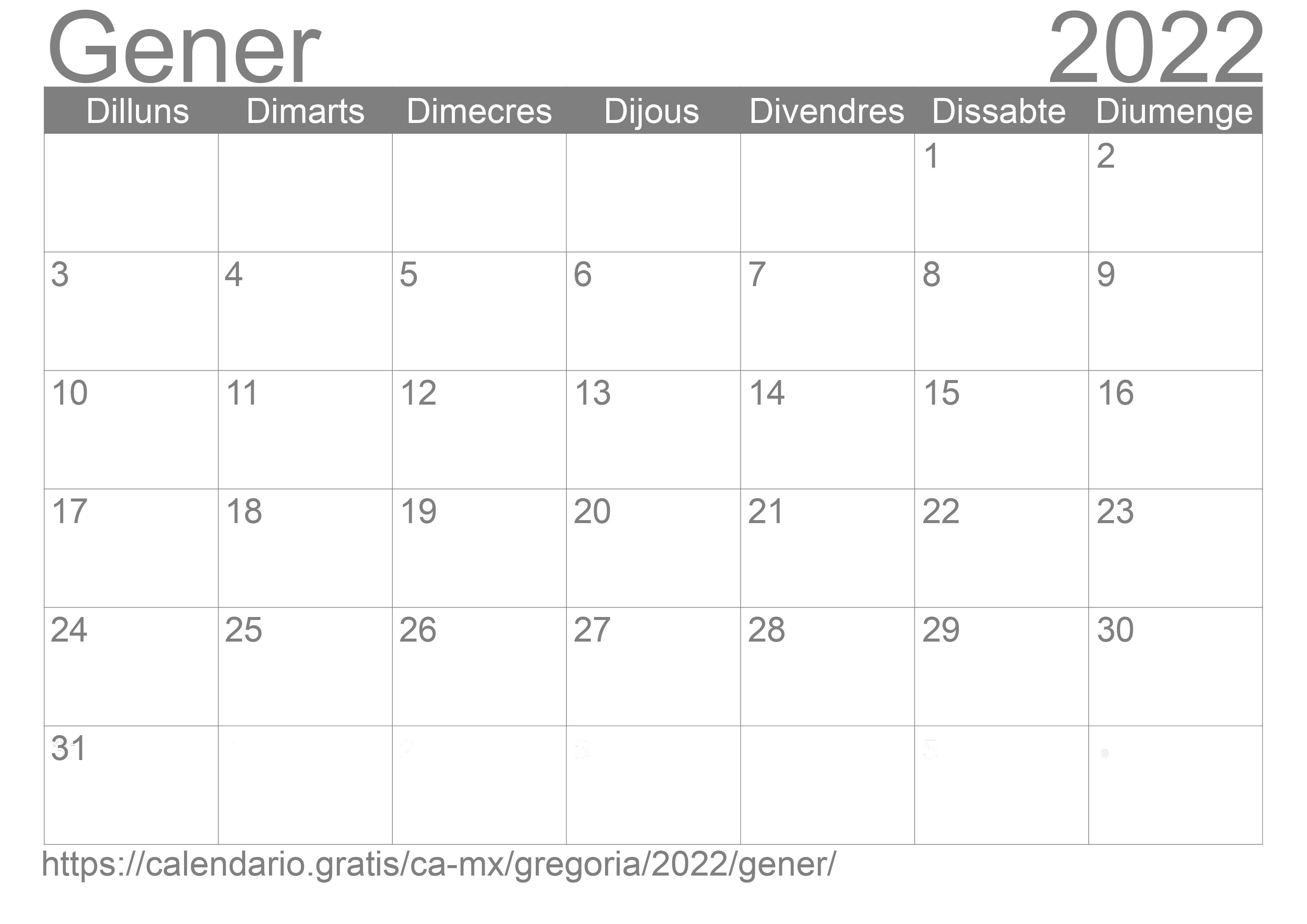 Calendari Gener 2022 per imprimir