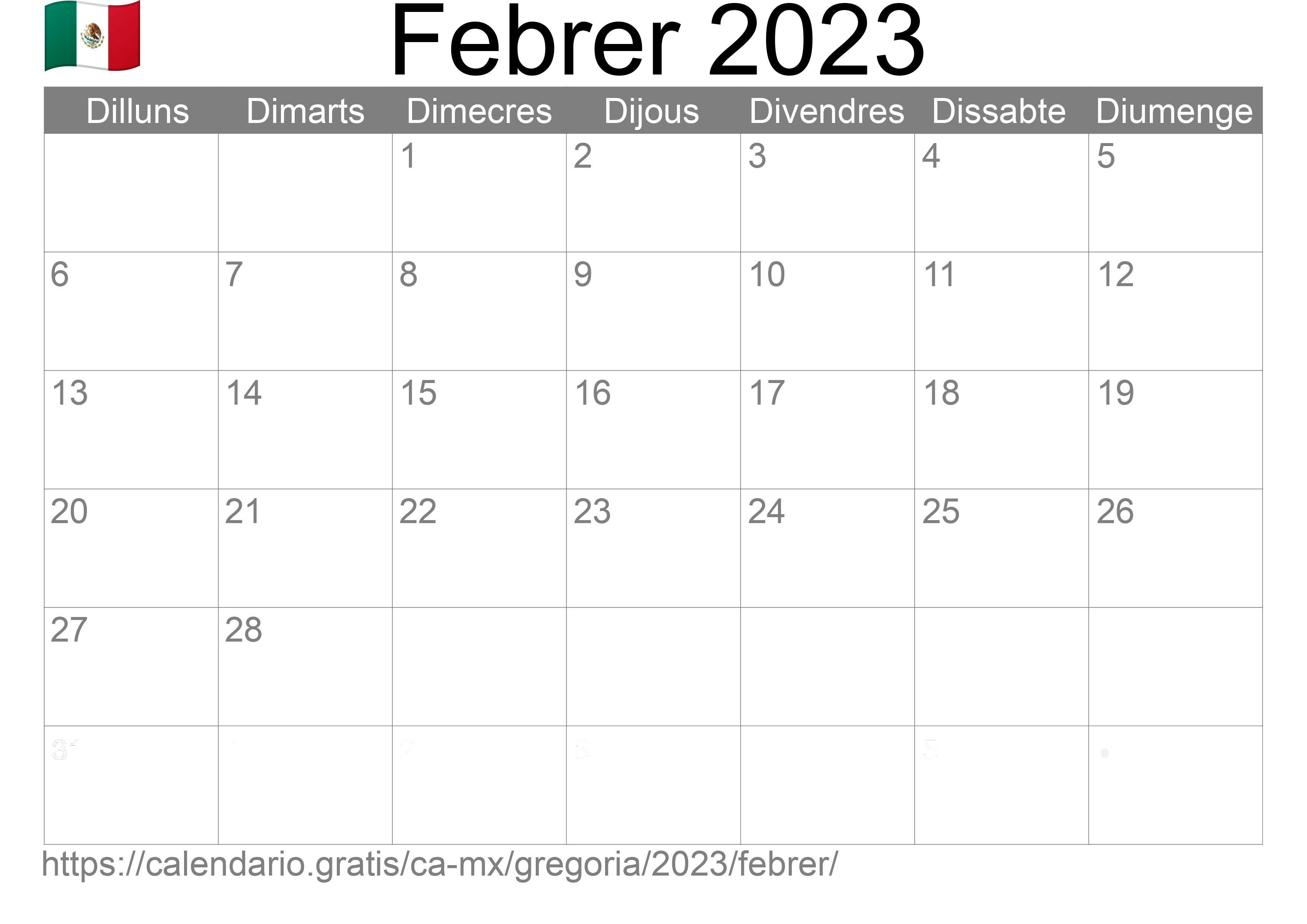 Calendari Febrer 2023 per imprimir