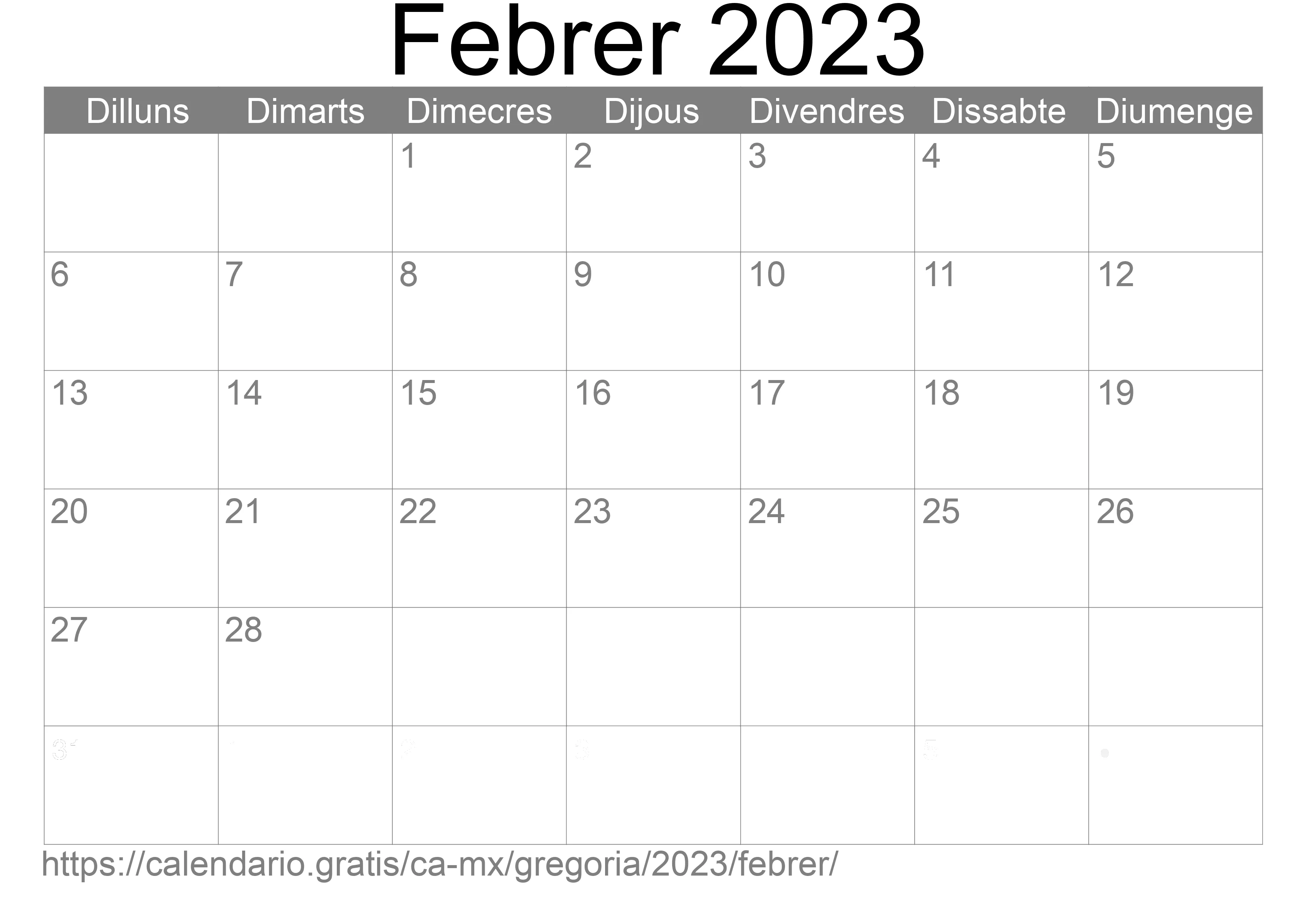 Calendari Febrer 2023 per imprimir (Mèxic) Calendari Febrer 2023 per imprimir (Mèxic)