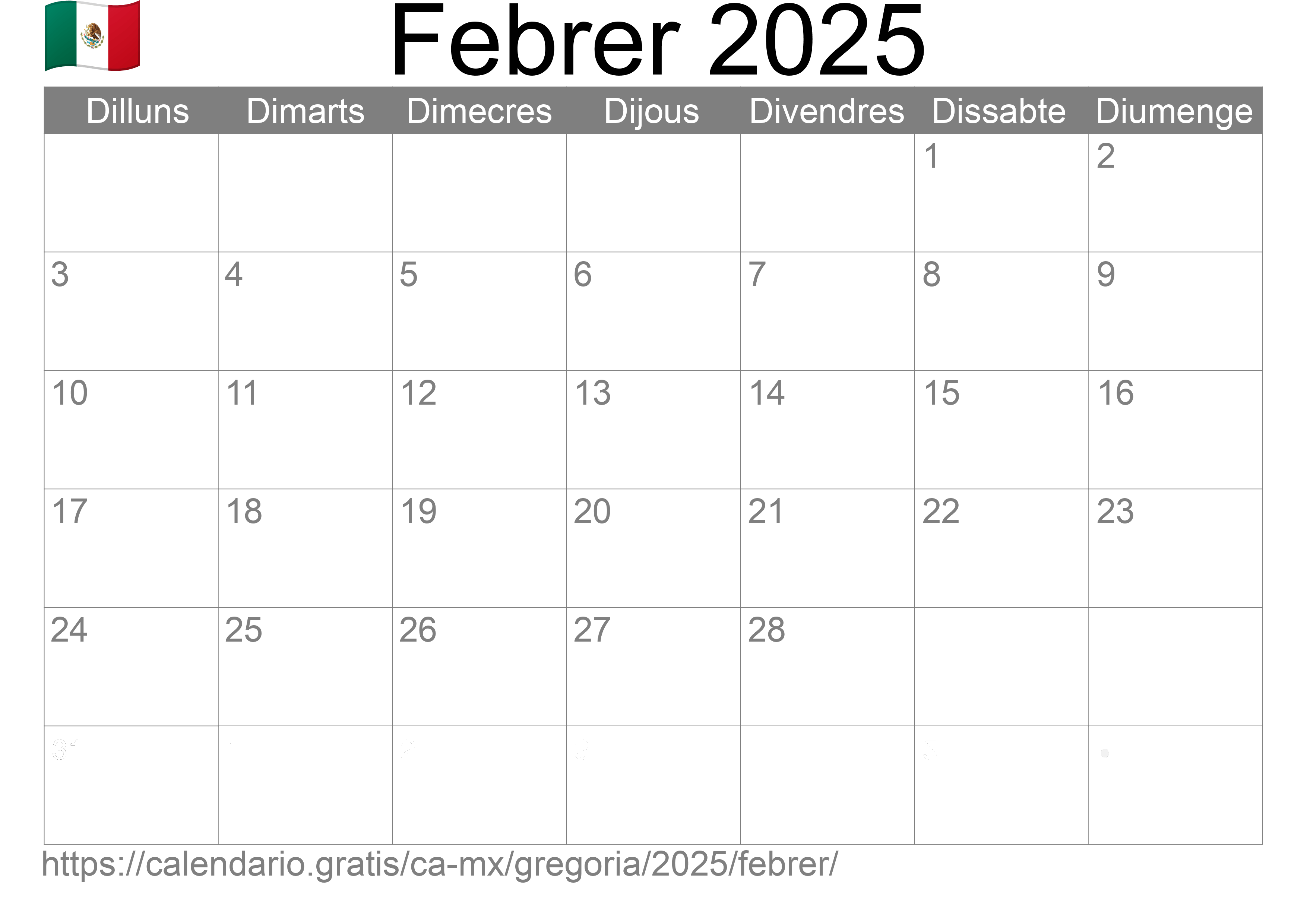 Calendari Febrer 2025 per imprimir