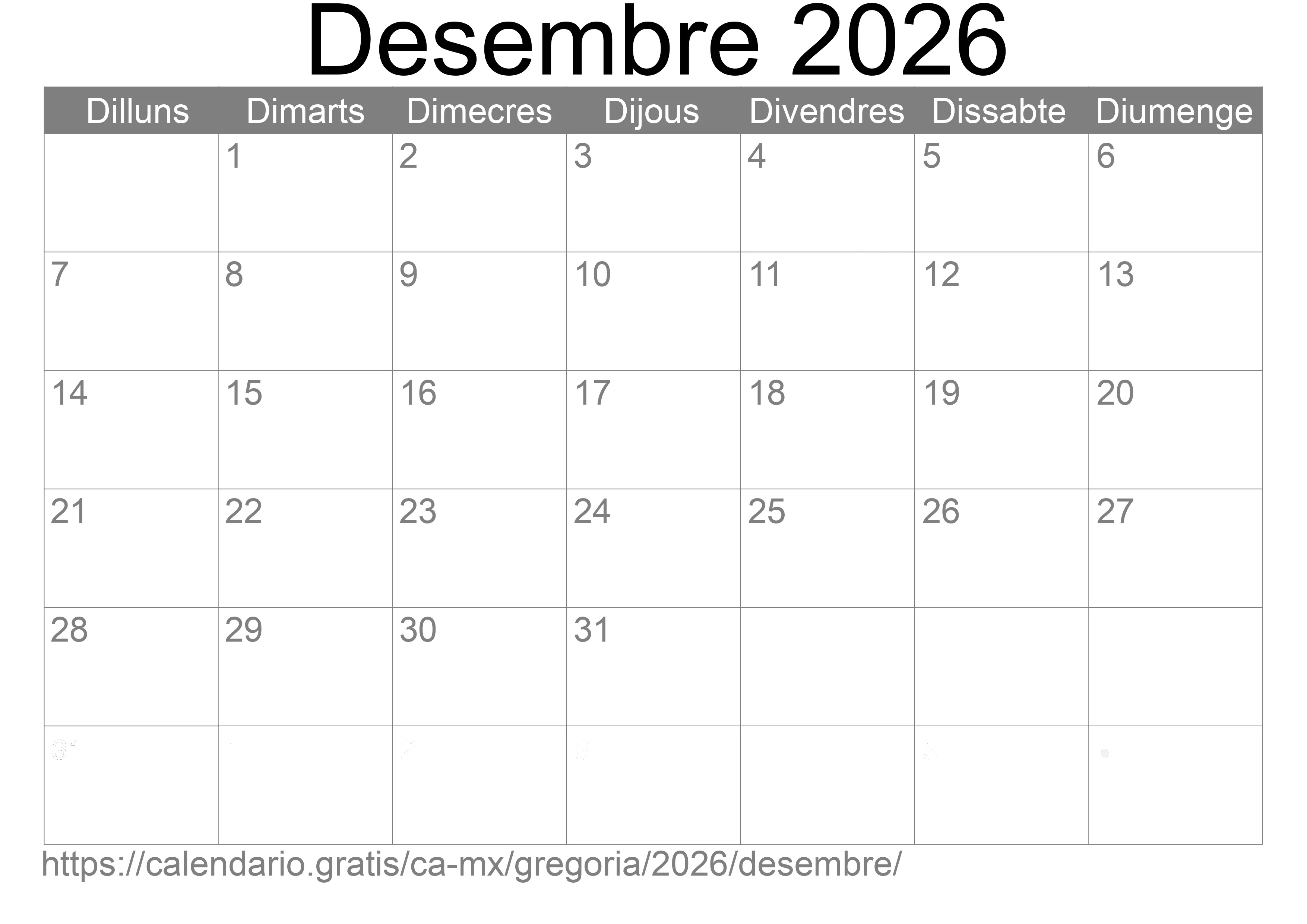 Calendari Desembre 2026 per imprimir (Mèxic)