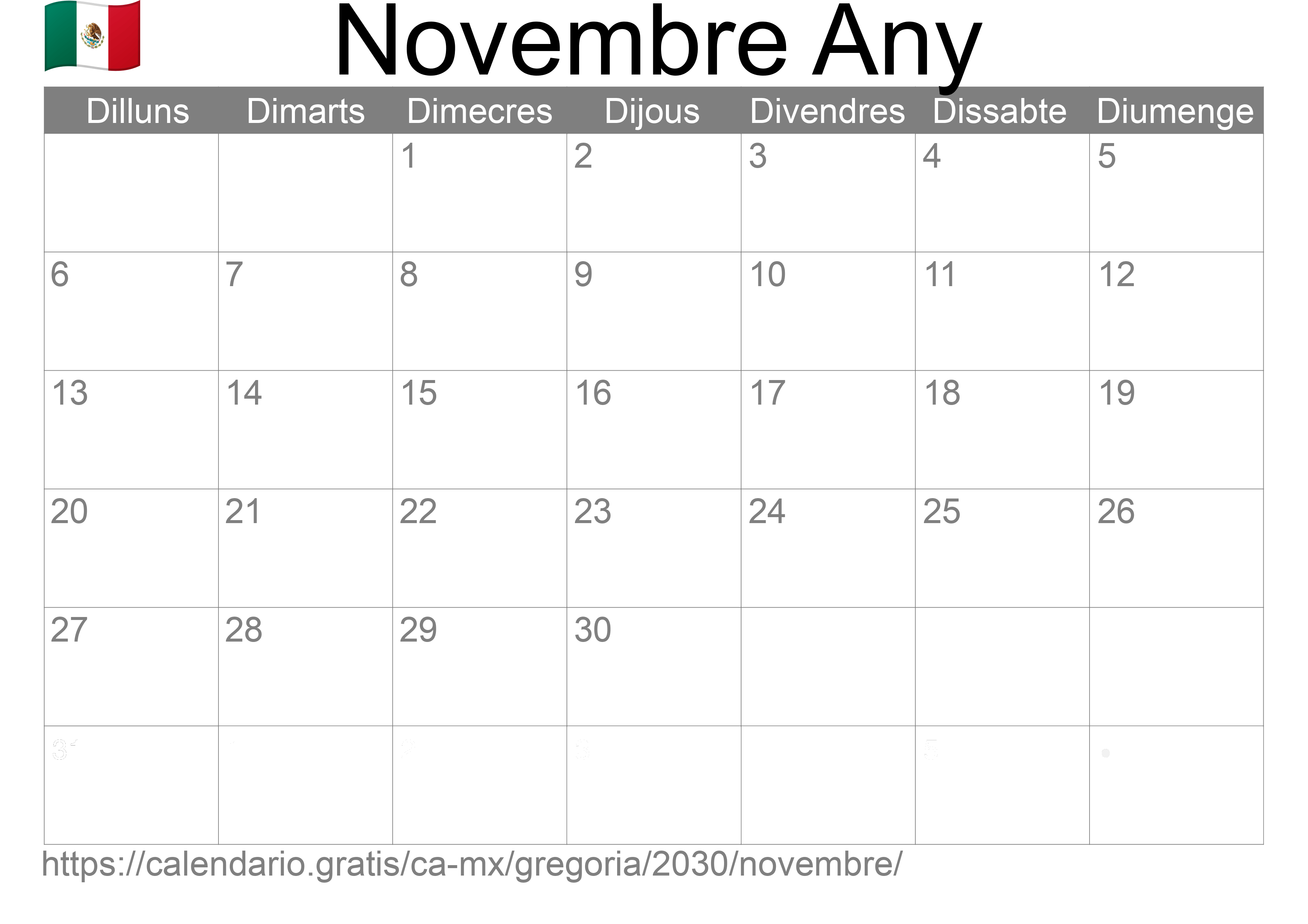 Calendari Novembre 2030 per imprimir