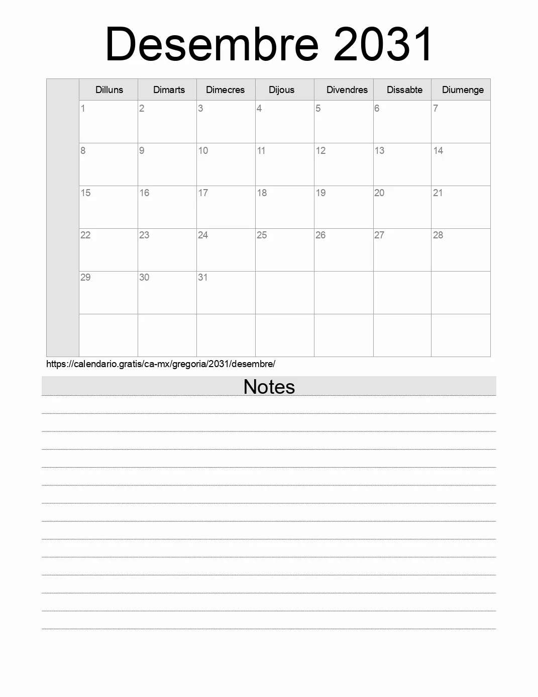 Calendari de Desembre 2031 per imprimir amb notes. (Mèxic)