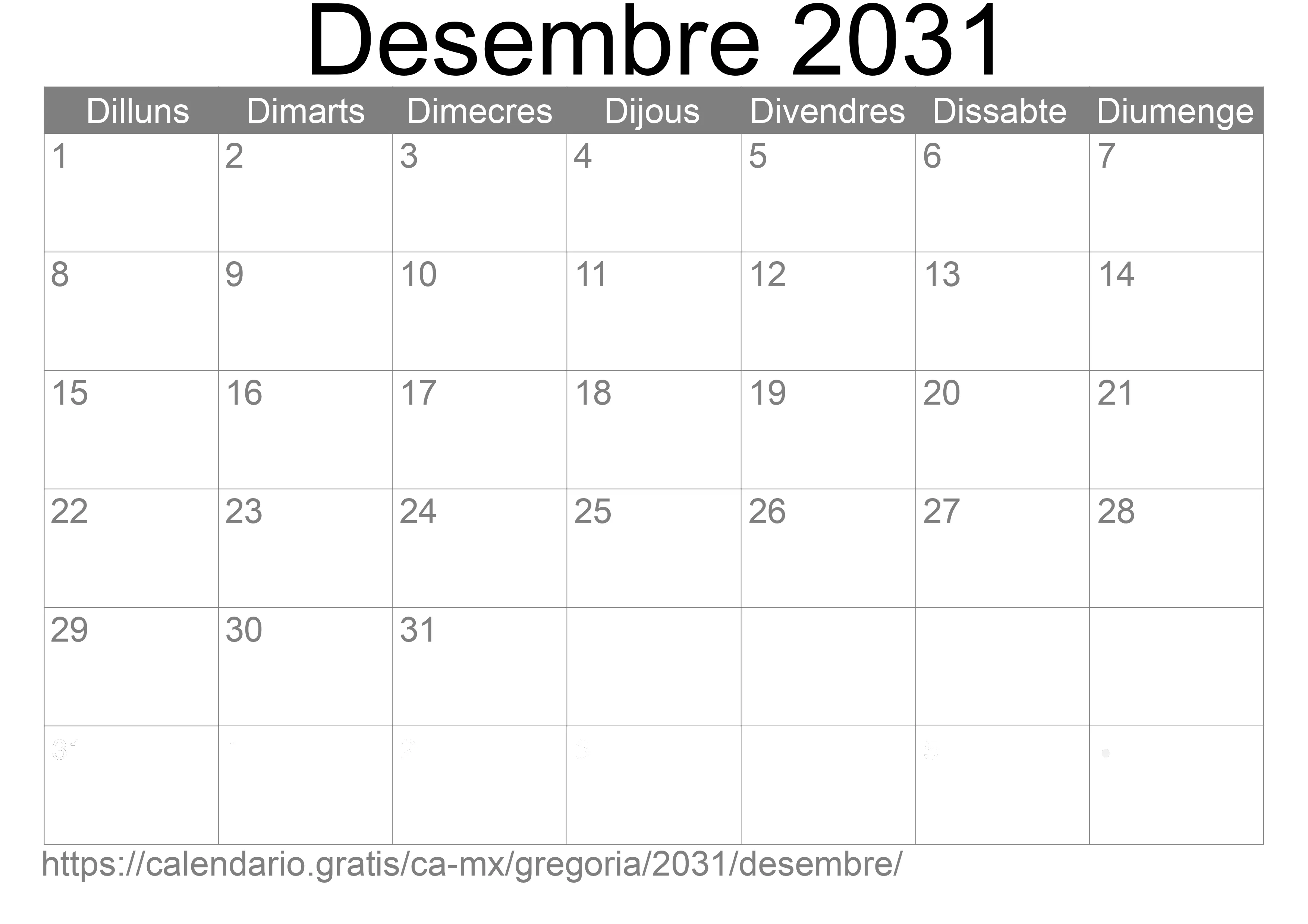 Calendari Desembre 2031 per imprimir (Mèxic)