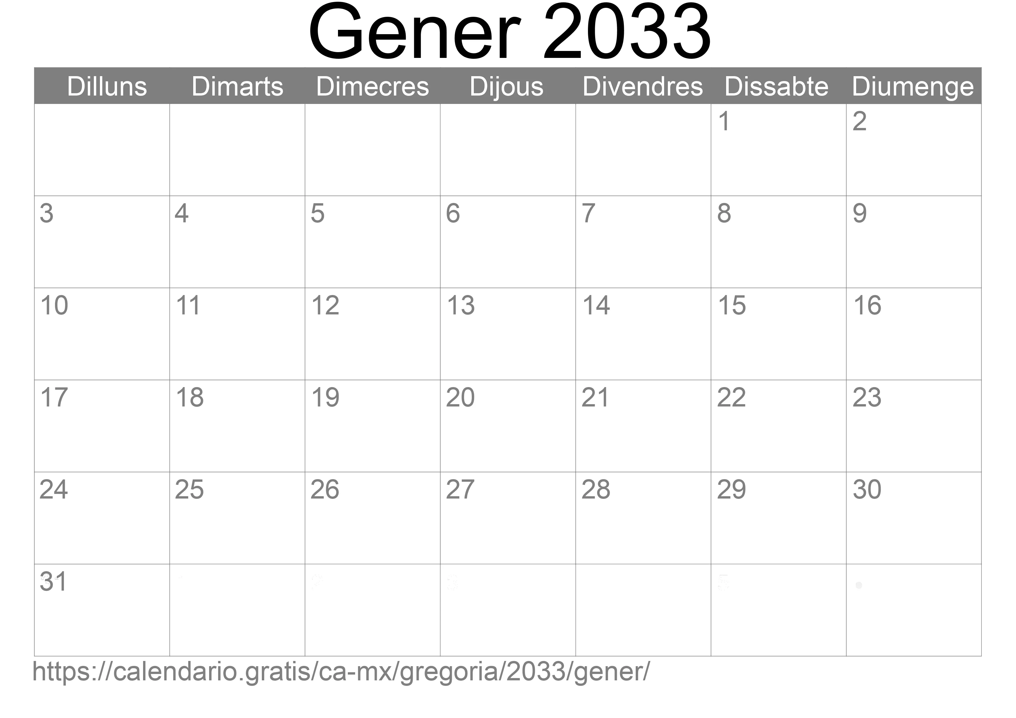 Calendari Gener 2033 per imprimir (Mèxic)