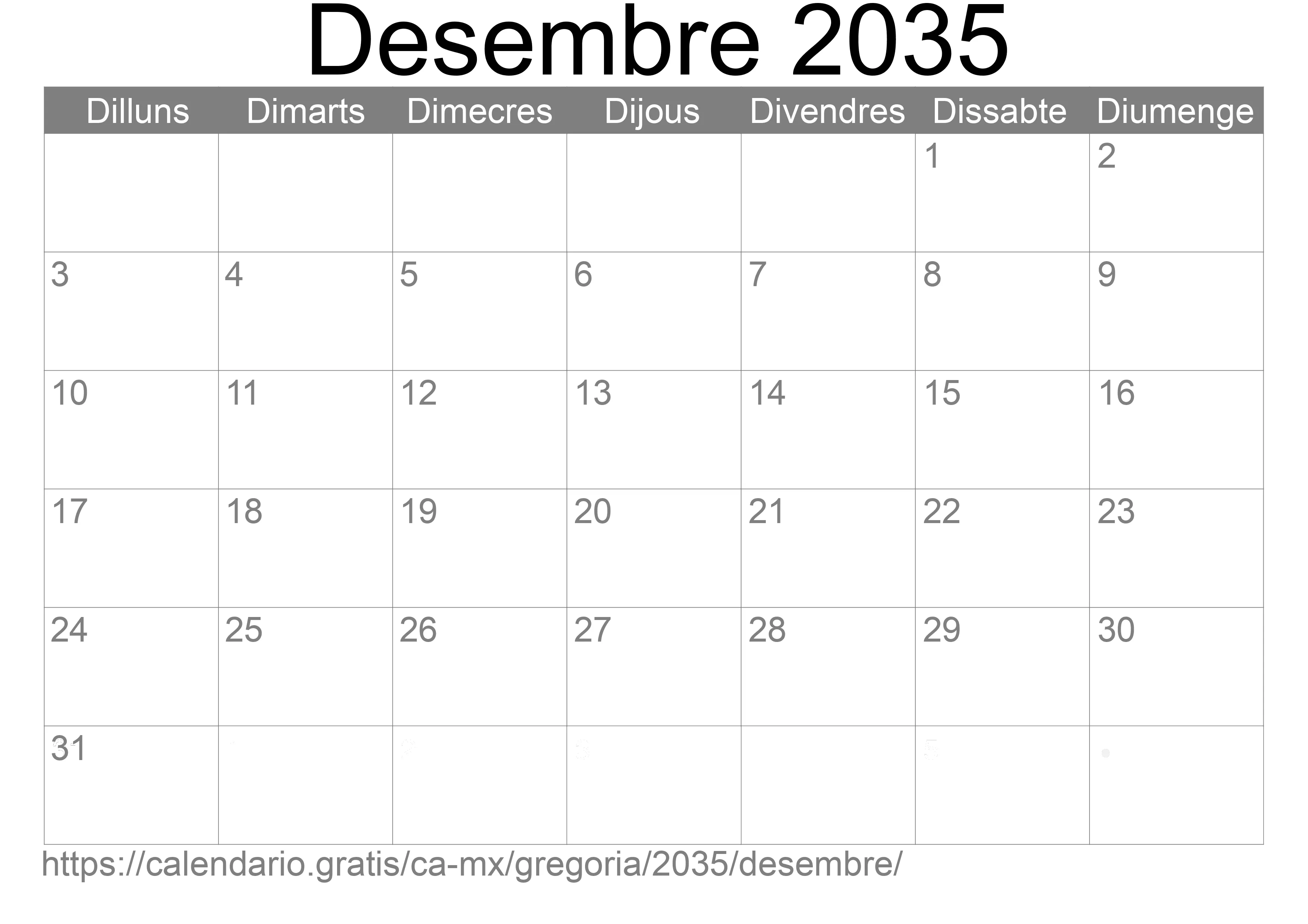 Calendari Desembre 2035 per imprimir (Mèxic)