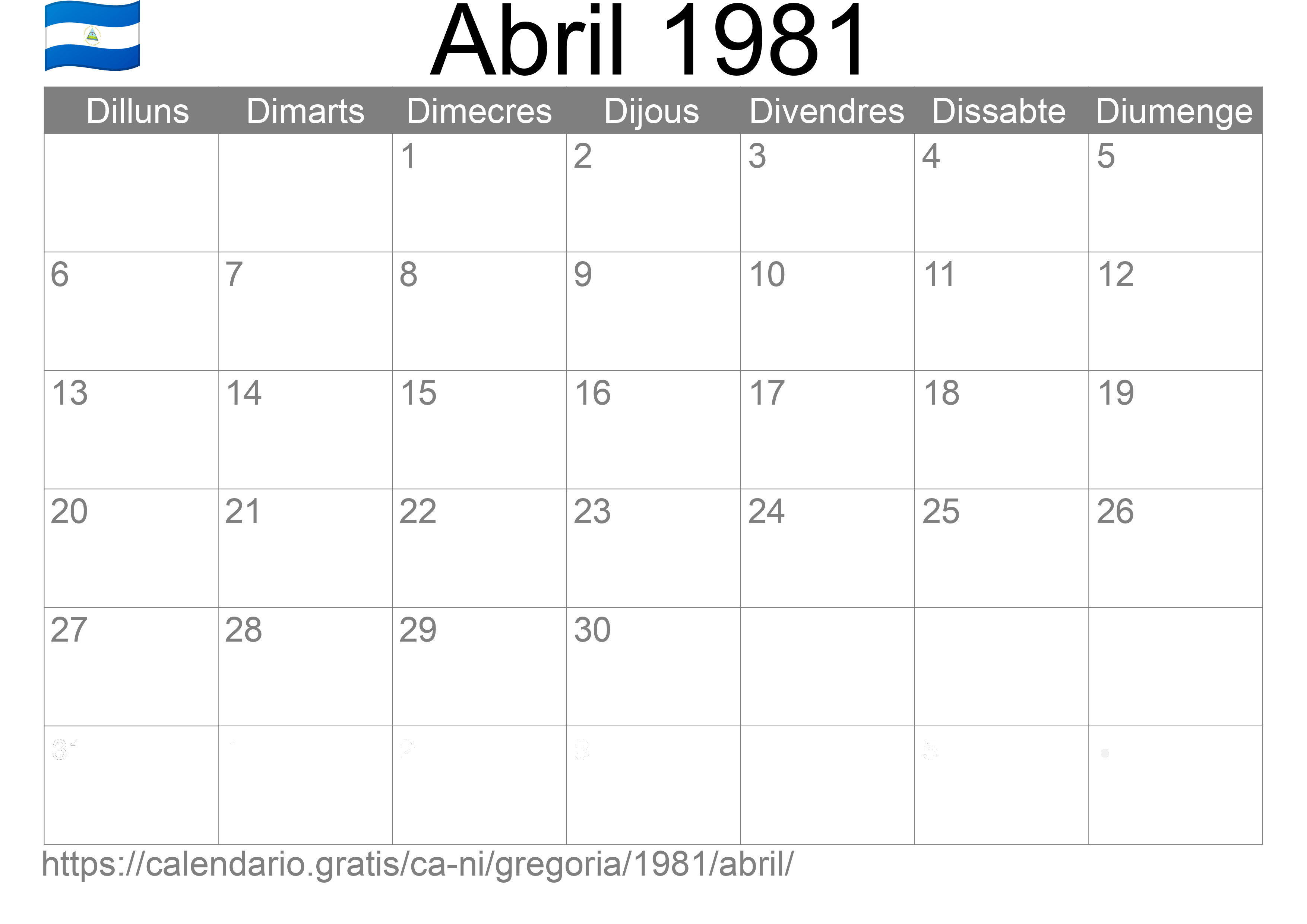 Calendari Abril 1981 per imprimir