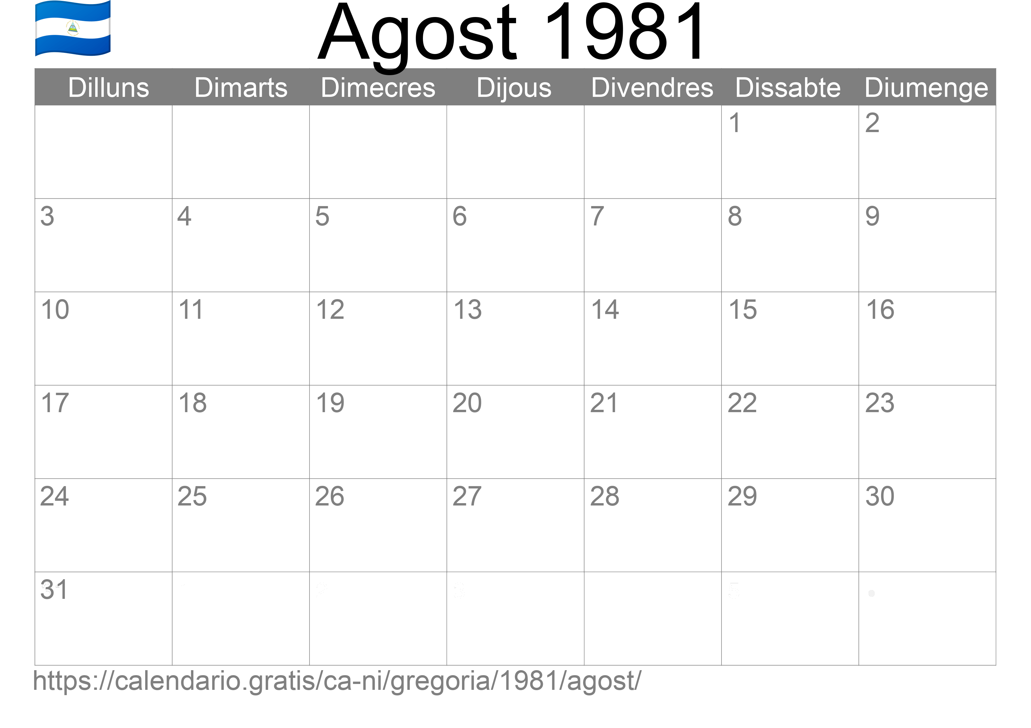 Calendari Agost 1981 per imprimir