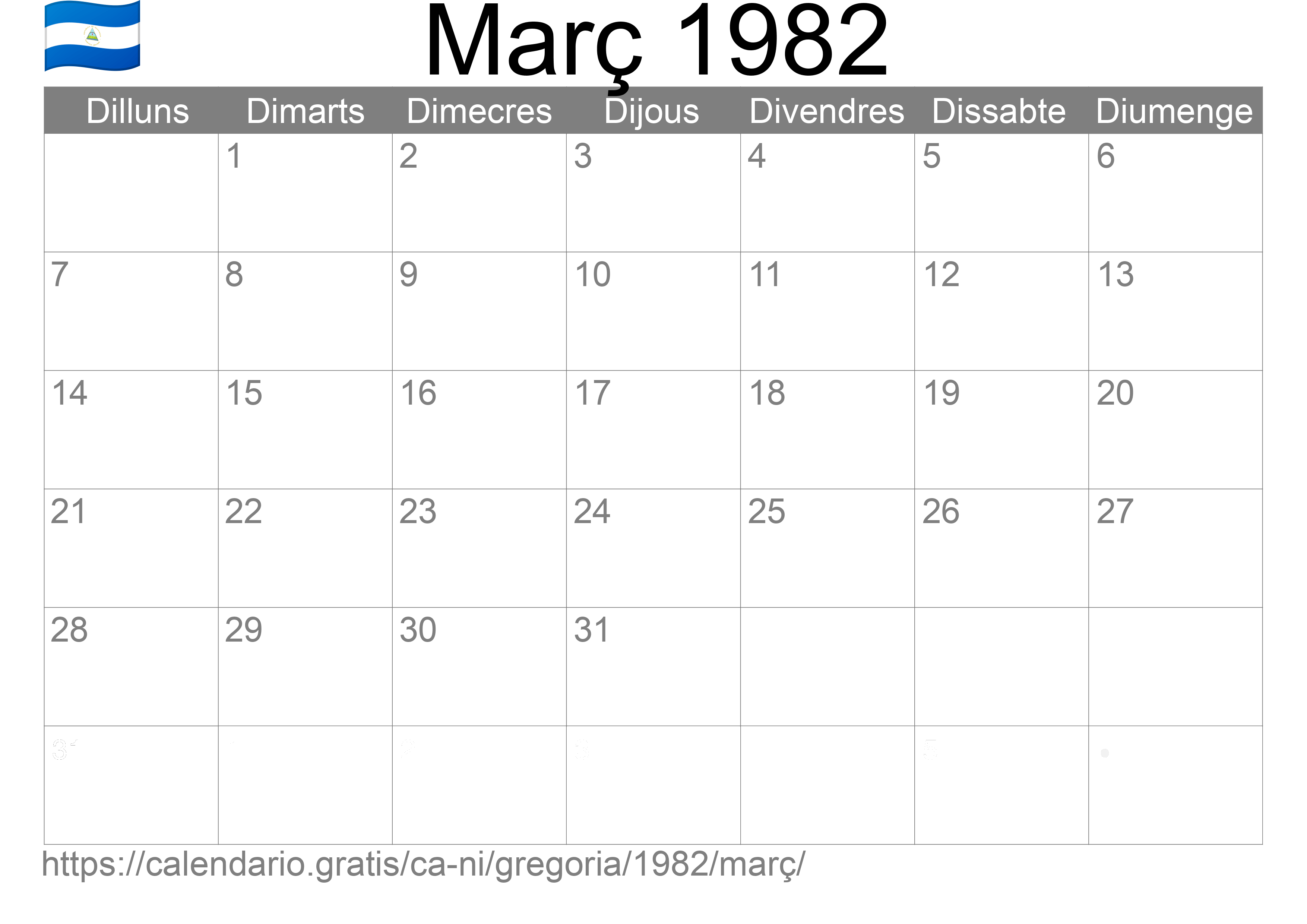 Calendari Març 1982 per imprimir