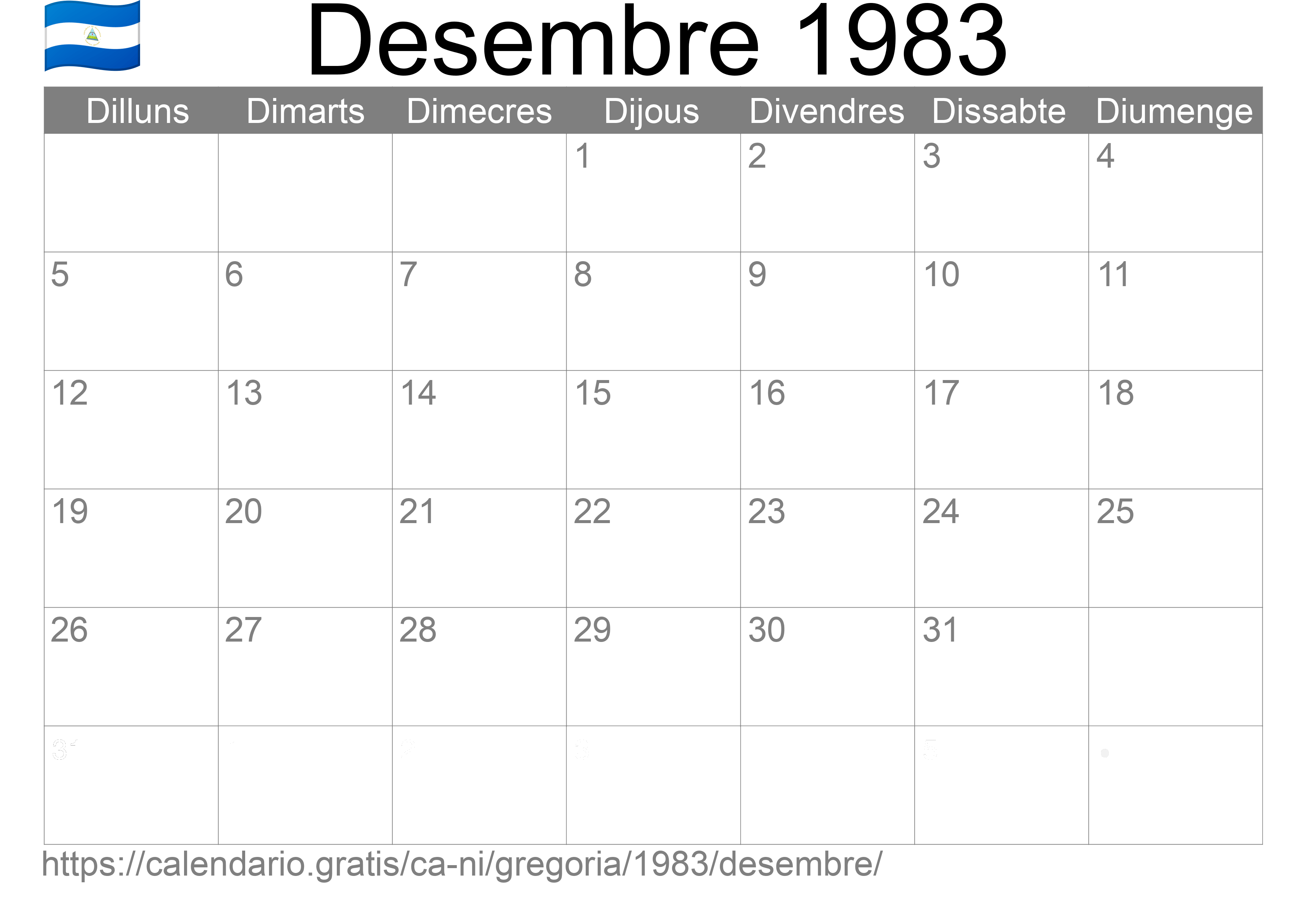 Calendari Desembre 1983 per imprimir