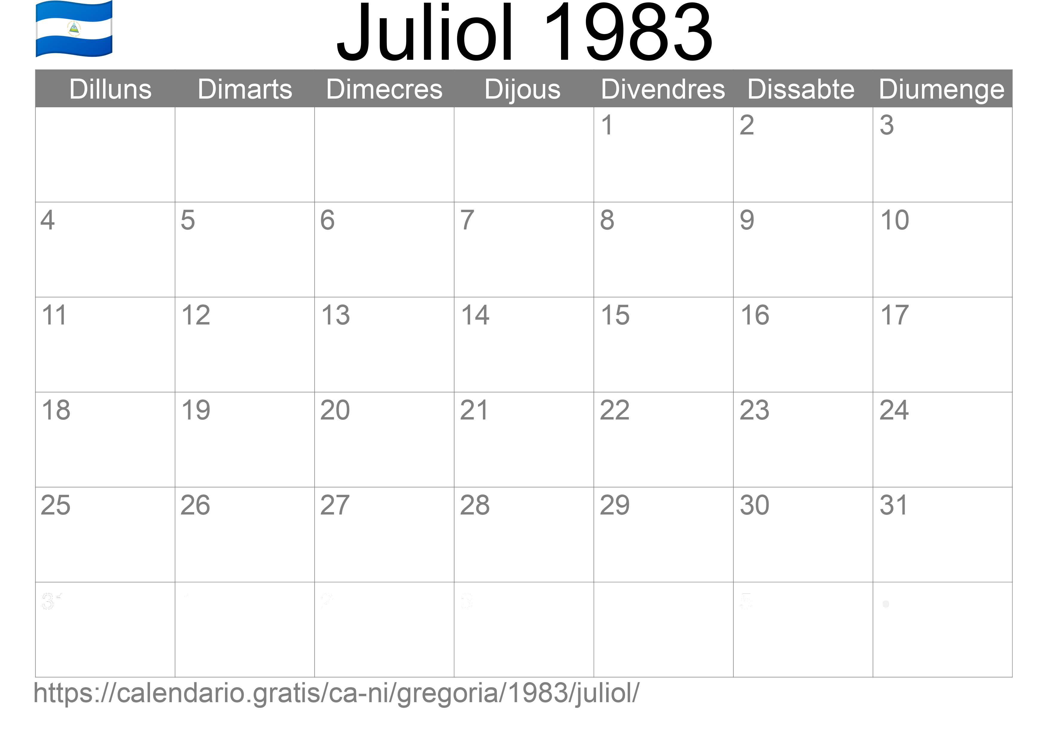 Calendari Juliol 1983 per imprimir