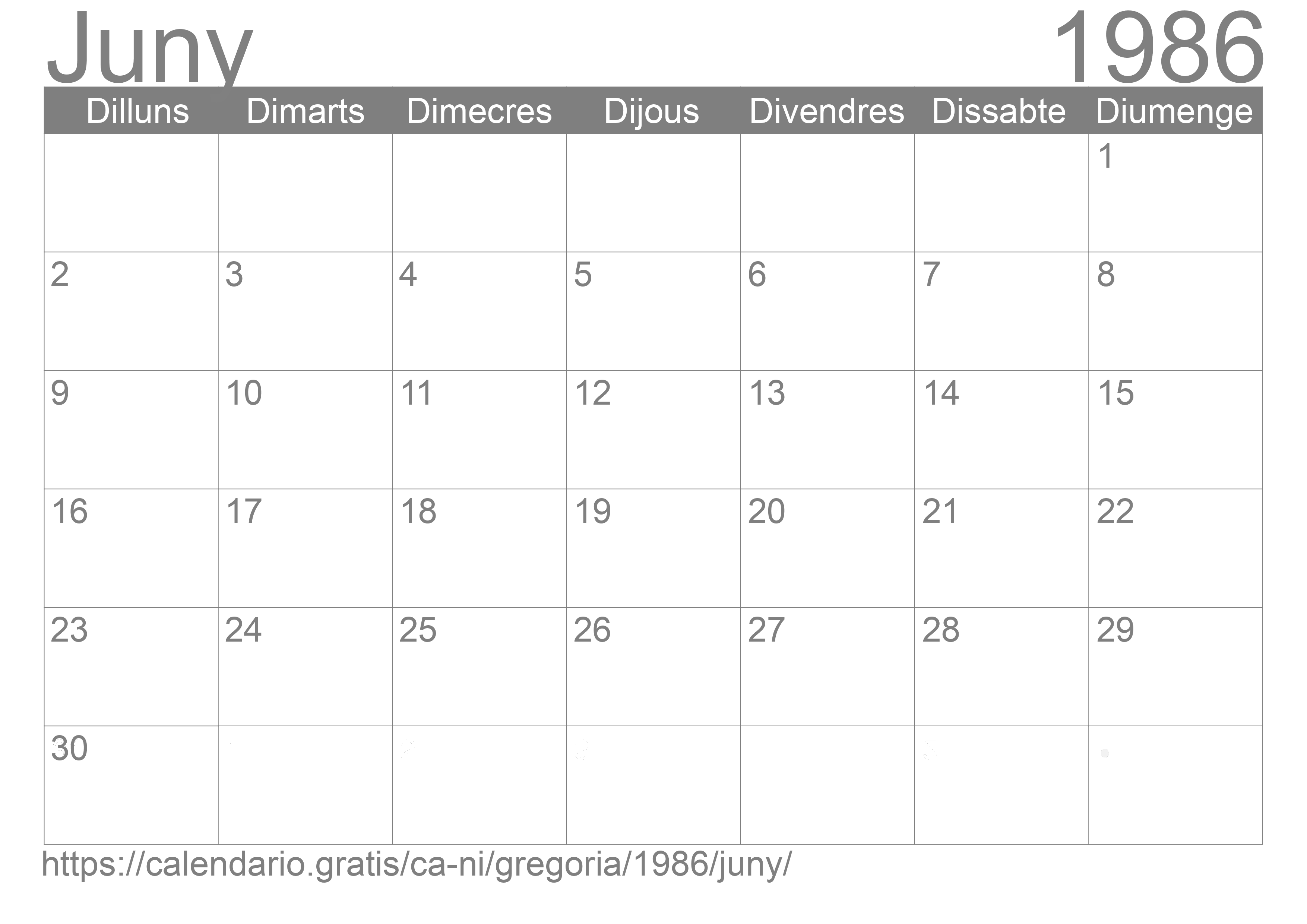 Calendari Juny 1986 per imprimir