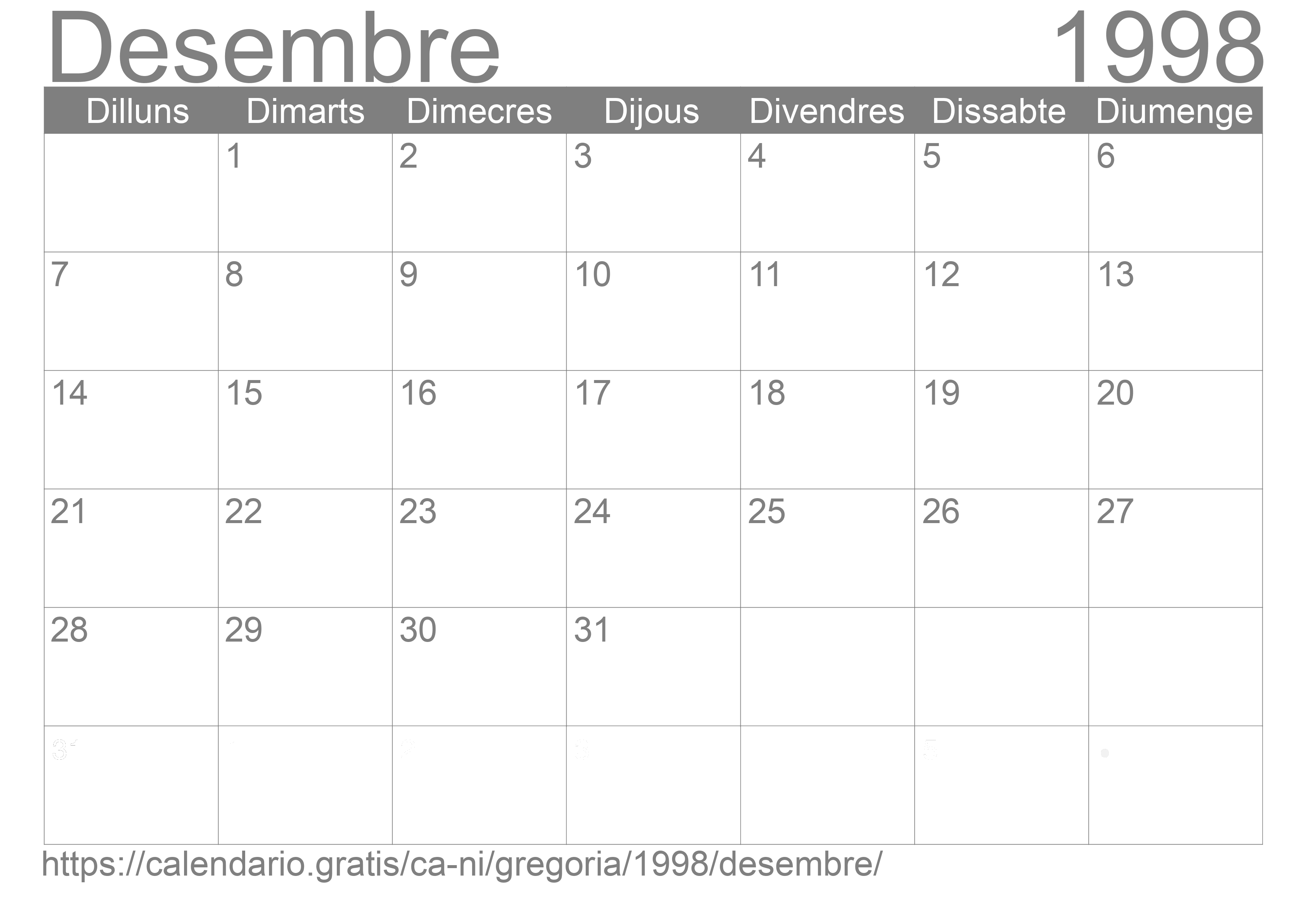 Calendari Desembre 1998 per imprimir