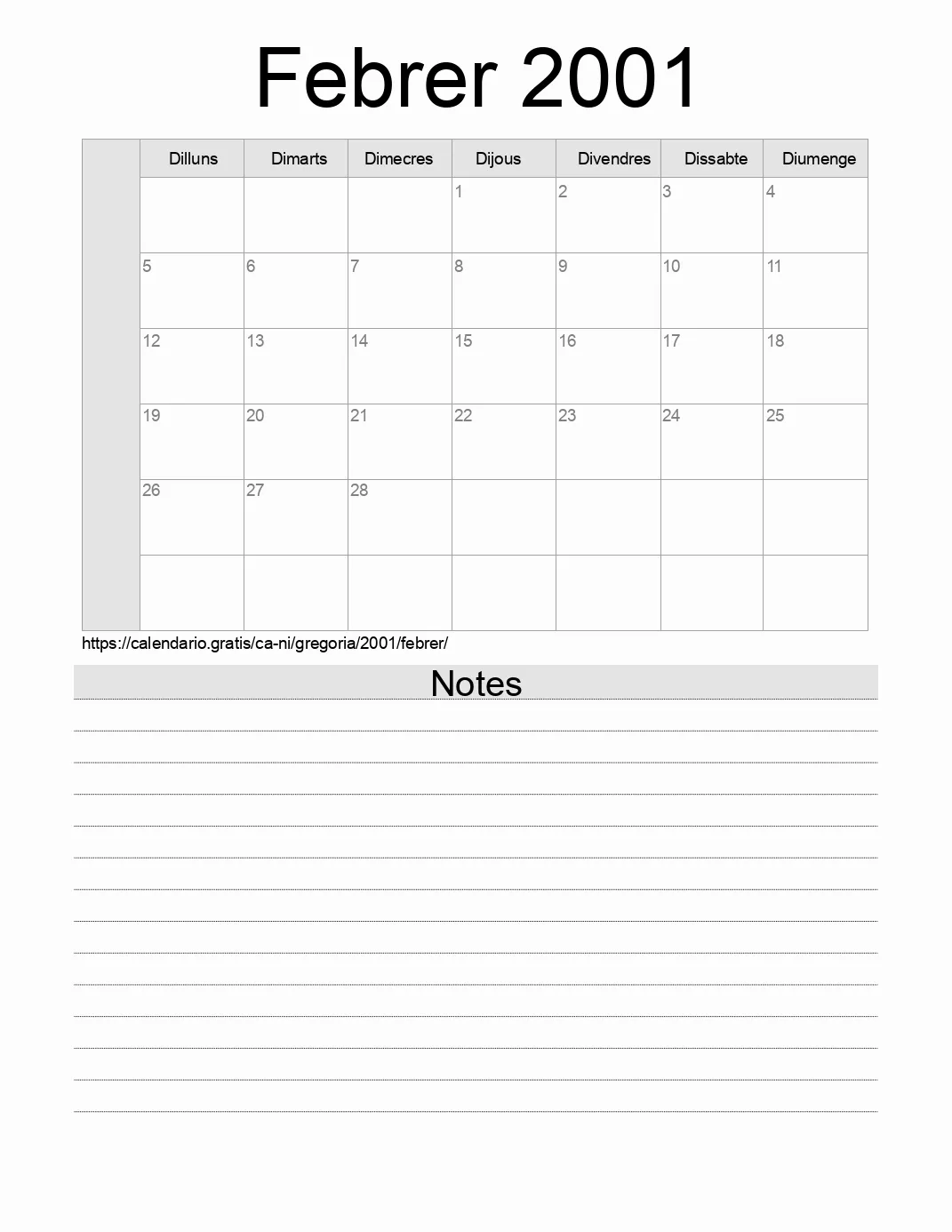 Calendari de Febrer 2001 per imprimir amb notes. (Nicaragua)