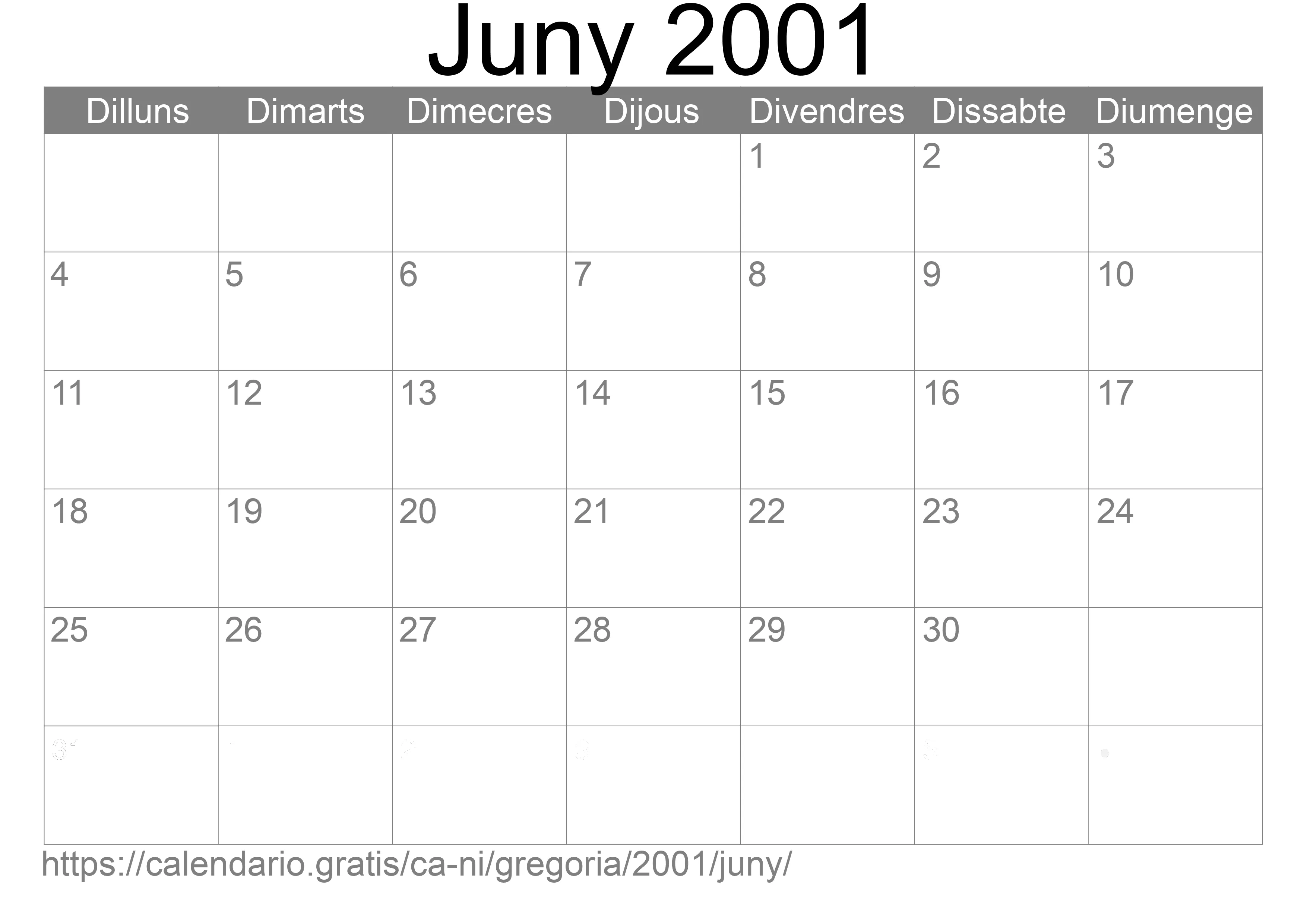 Calendari Juny 2001 per imprimir (Nicaragua) Calendari Juny 2001 per imprimir (Nicaragua)
