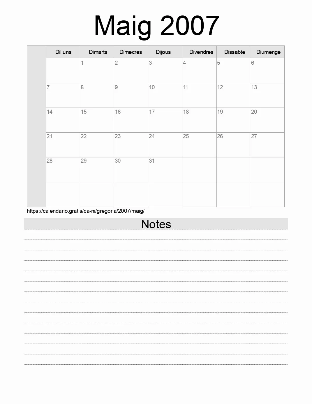 Calendari de Maig 2007 per imprimir amb notes. (Nicaragua)