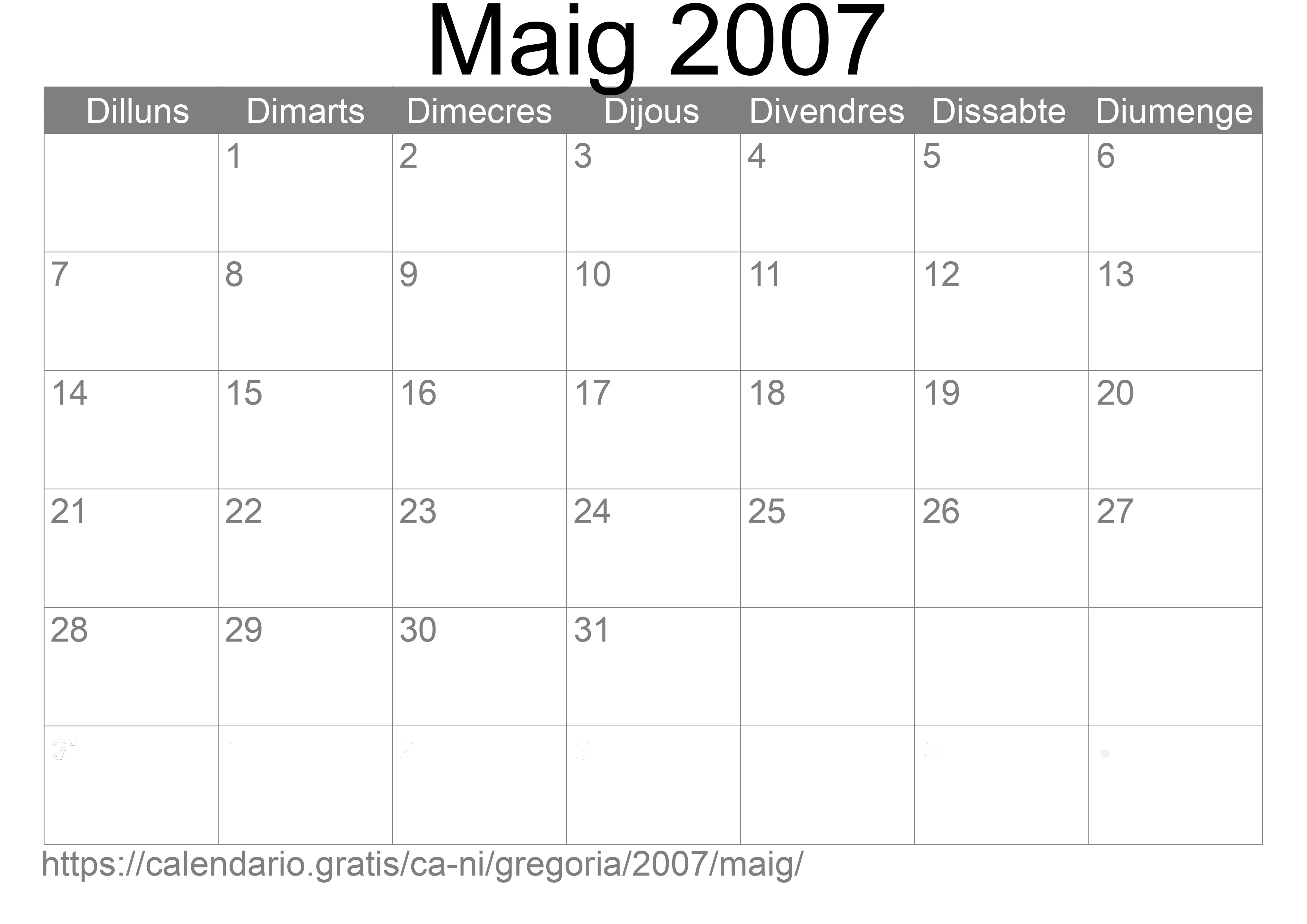 Calendari Maig 2007 per imprimir (Nicaragua)