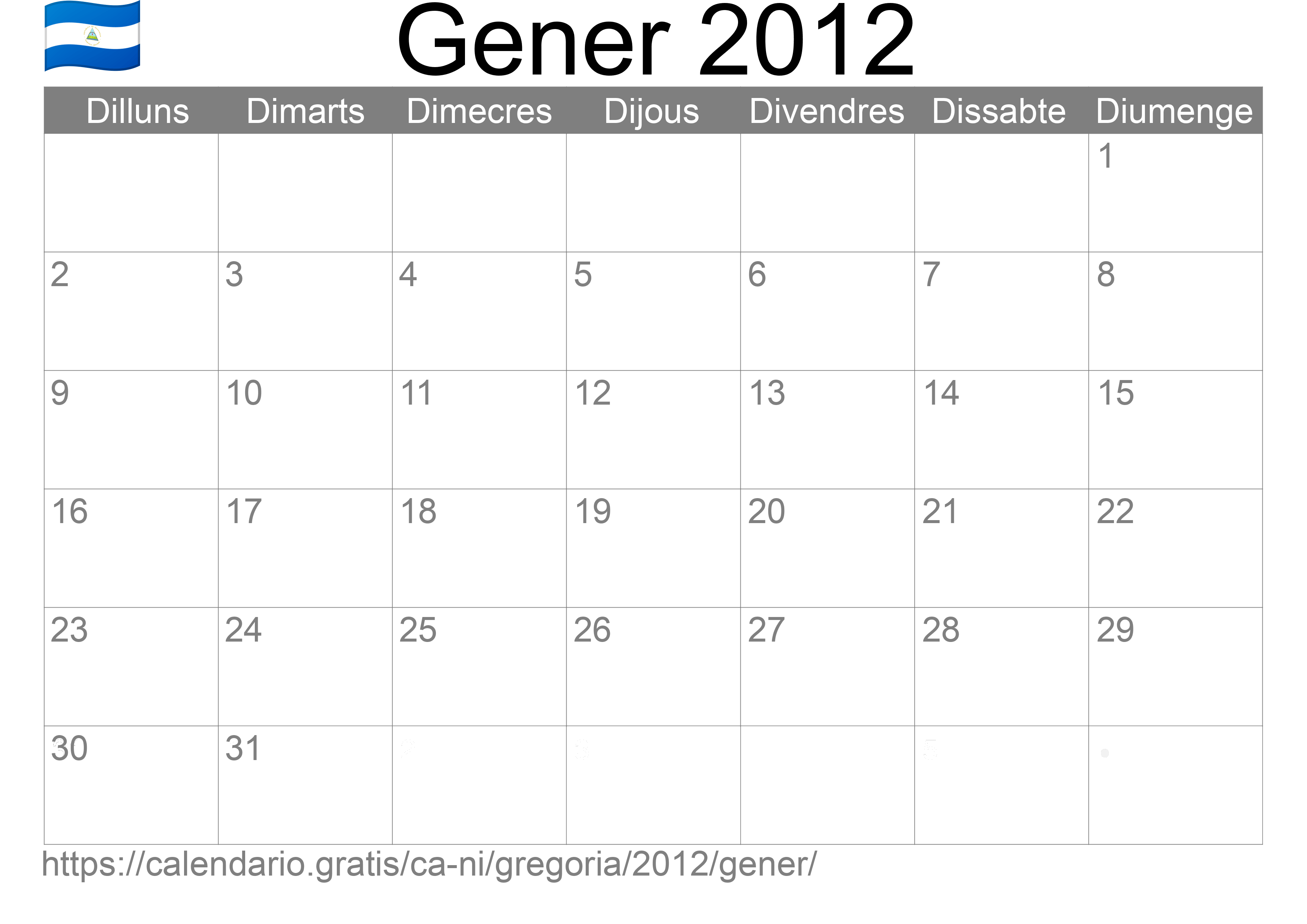 Calendari Gener 2012 per imprimir