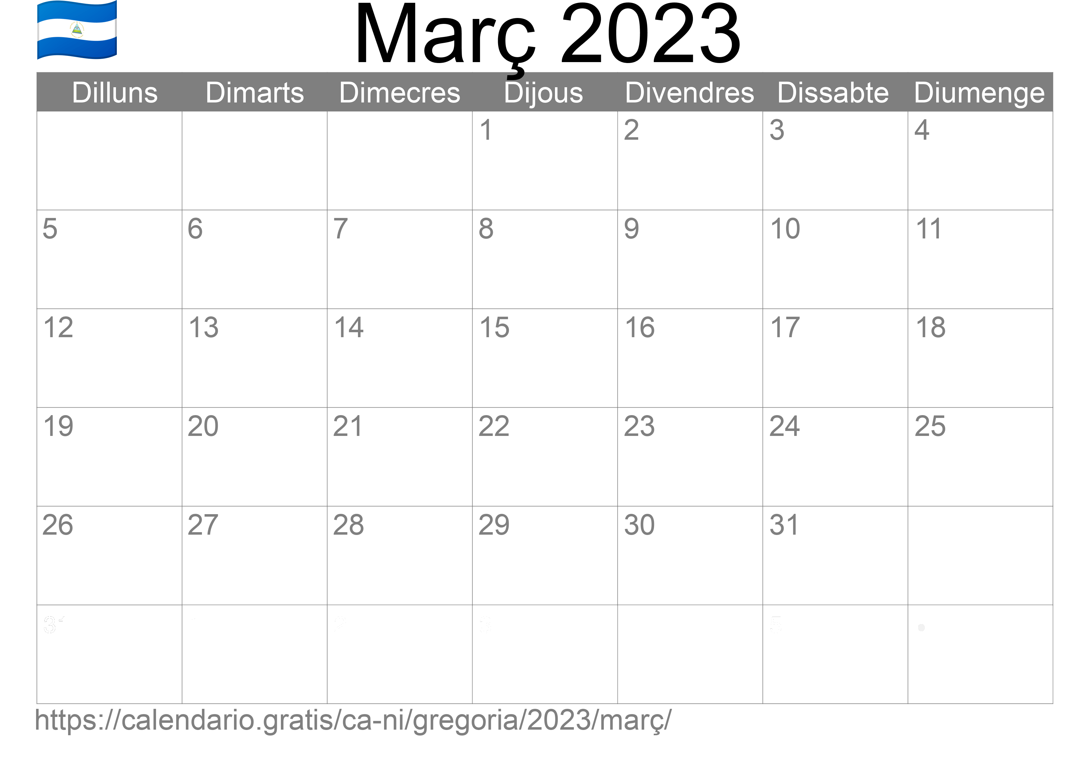 Calendari Març 2023 per imprimir