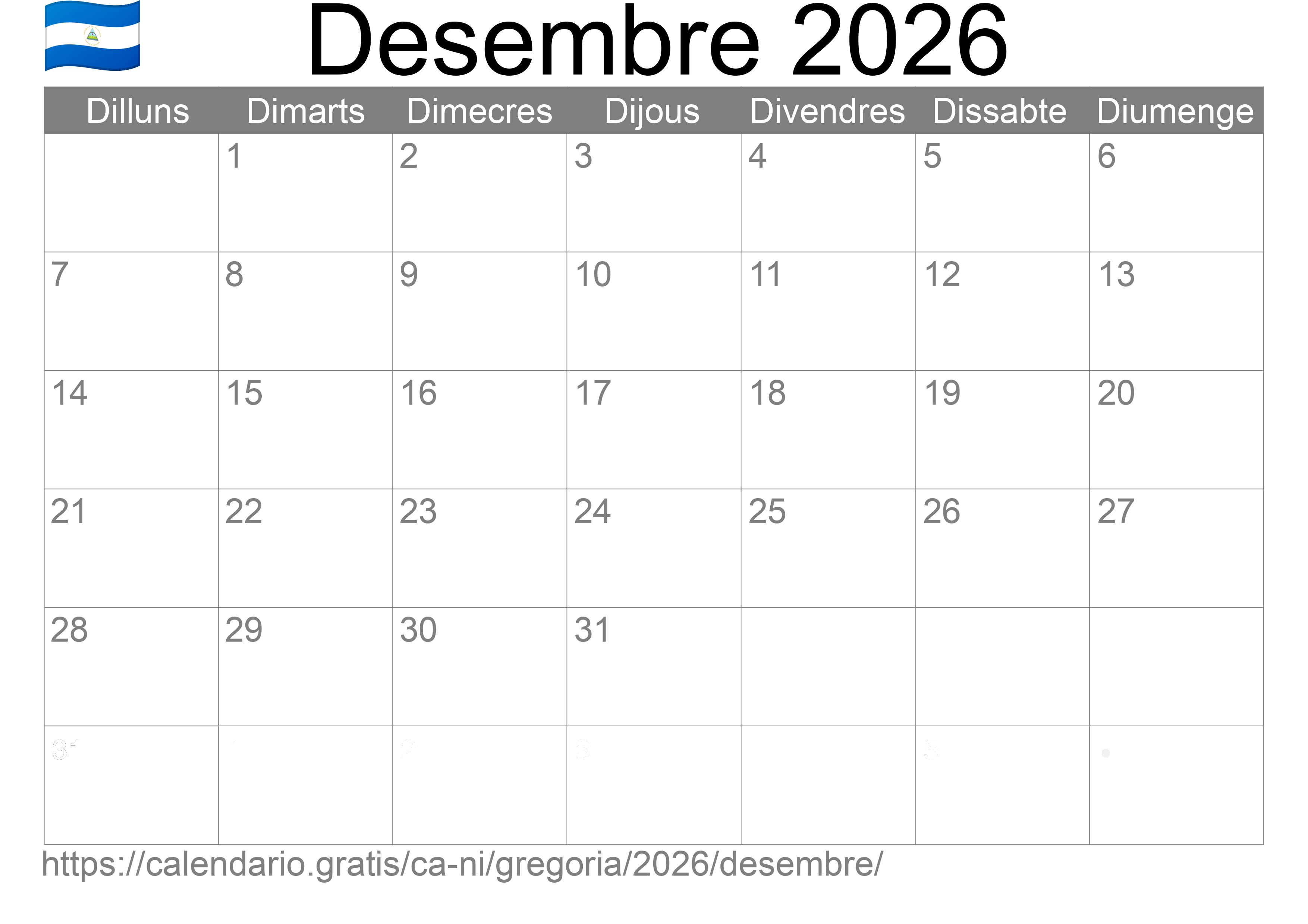 Calendari Desembre 2026 per imprimir