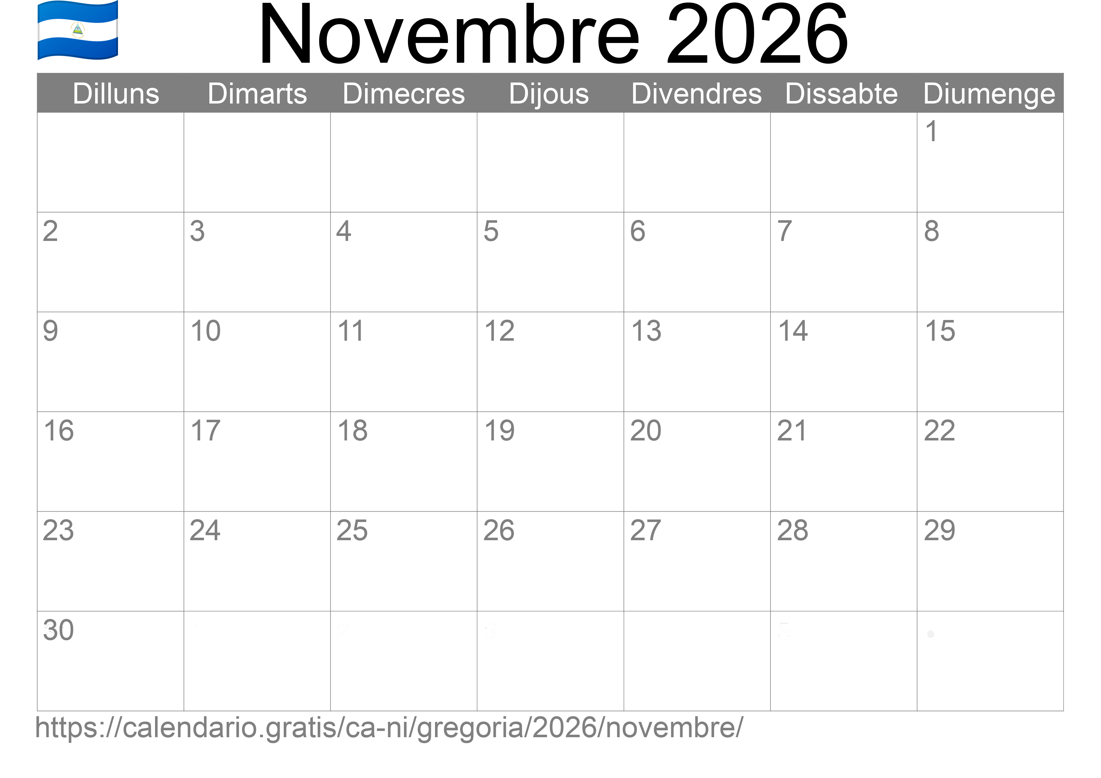 Calendari Novembre 2026 per imprimir