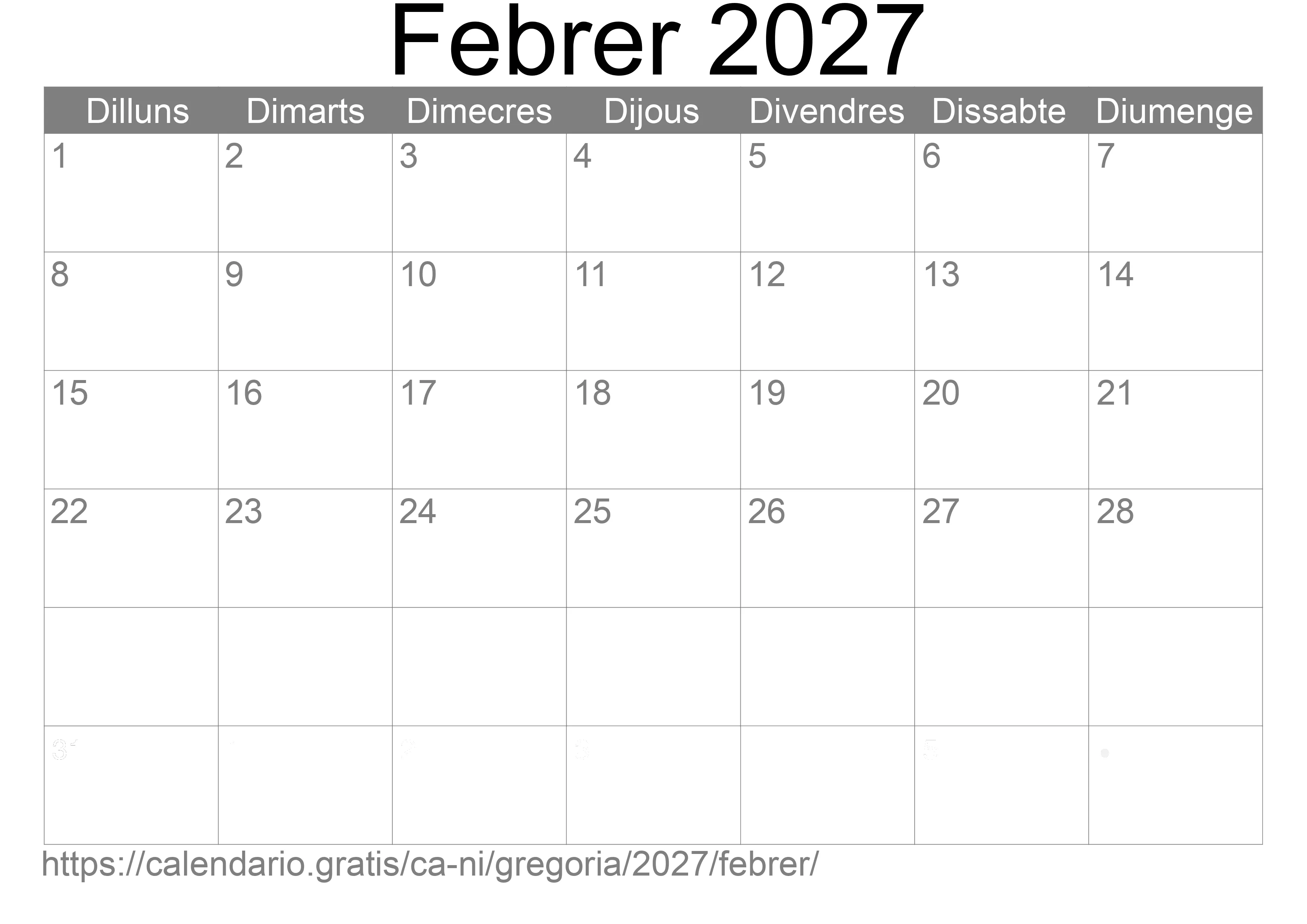 Calendari Febrer 2027 per imprimir (Nicaragua)