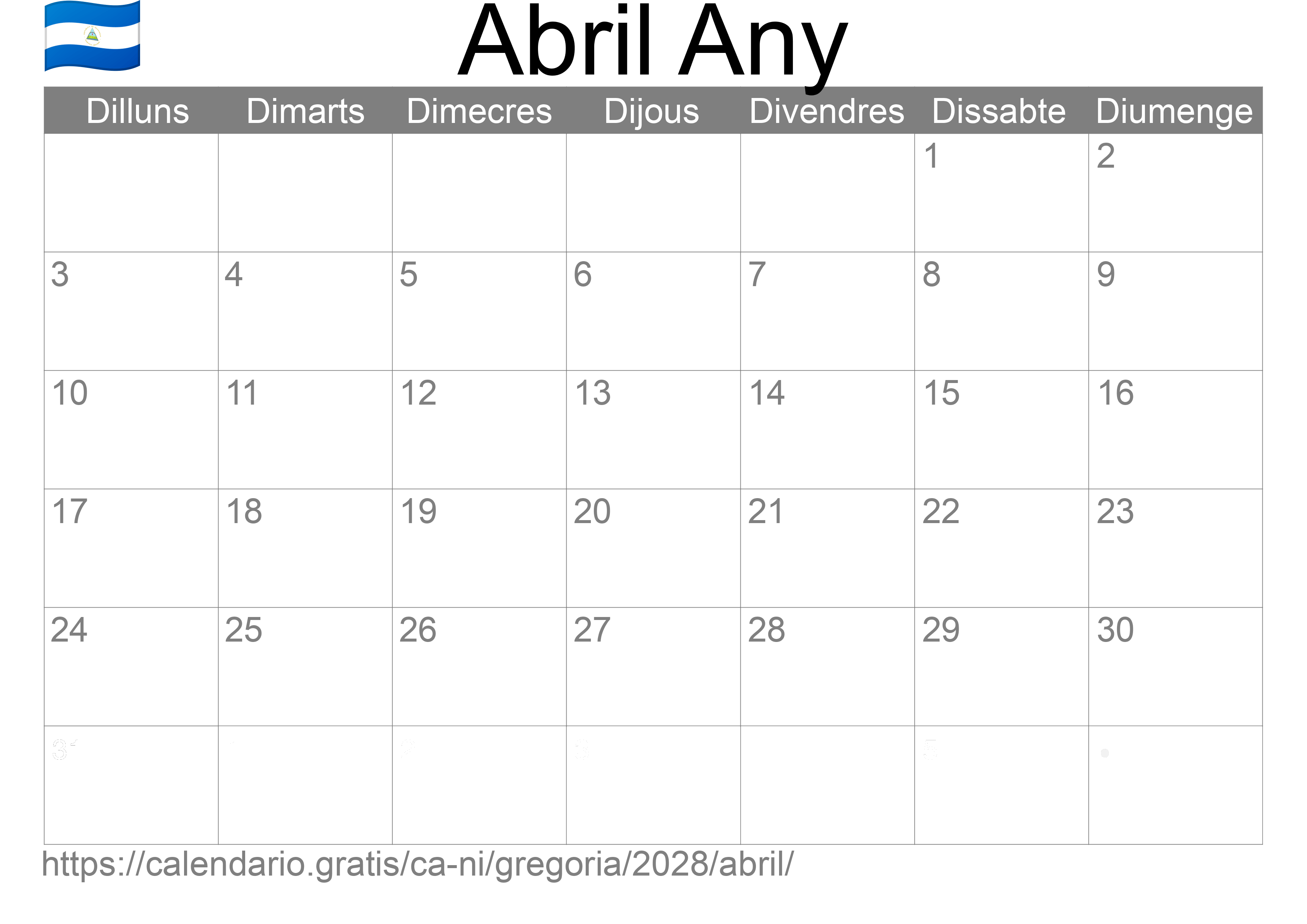 Calendari Abril 2028 per imprimir