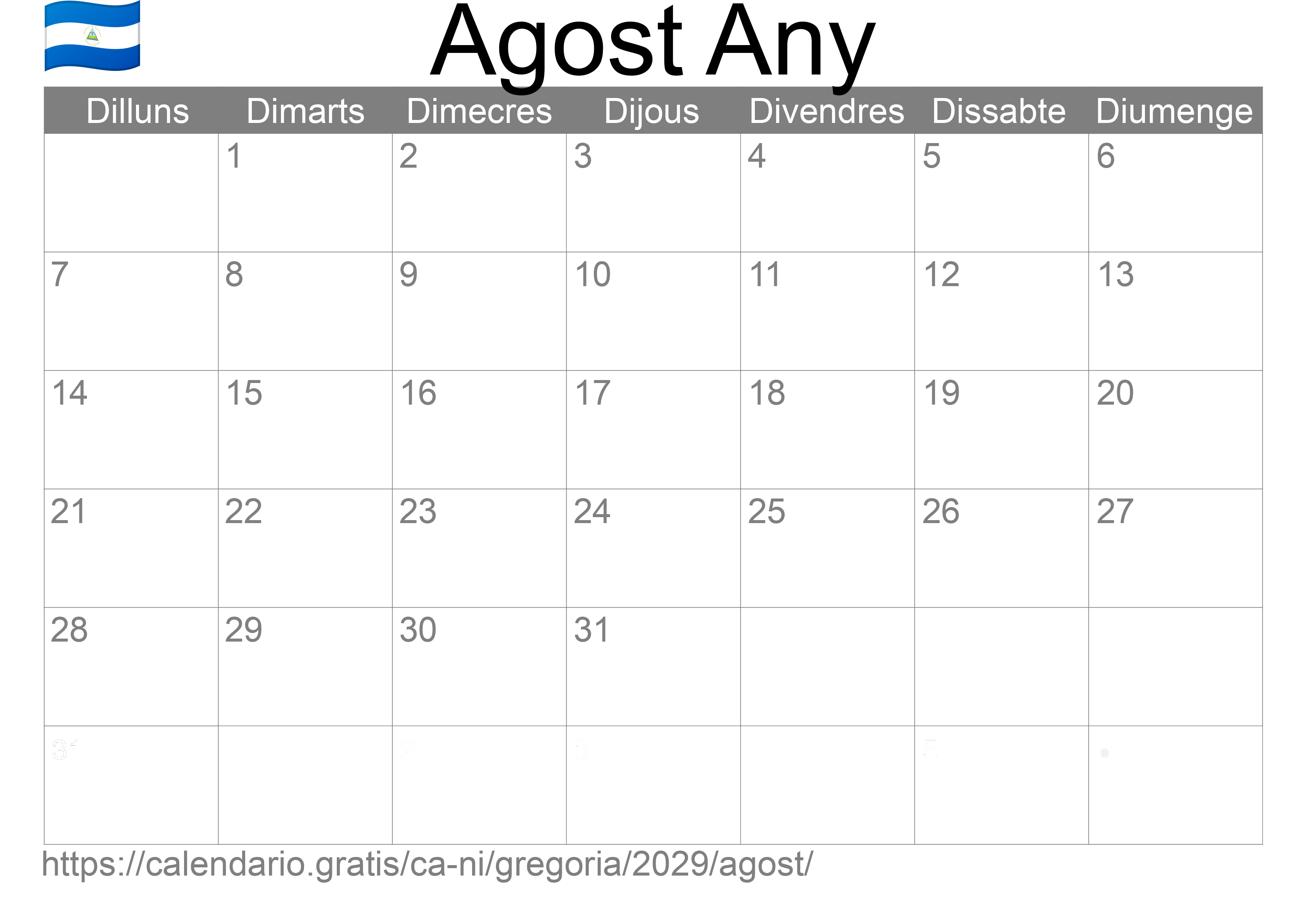 Calendari Agost 2029 per imprimir