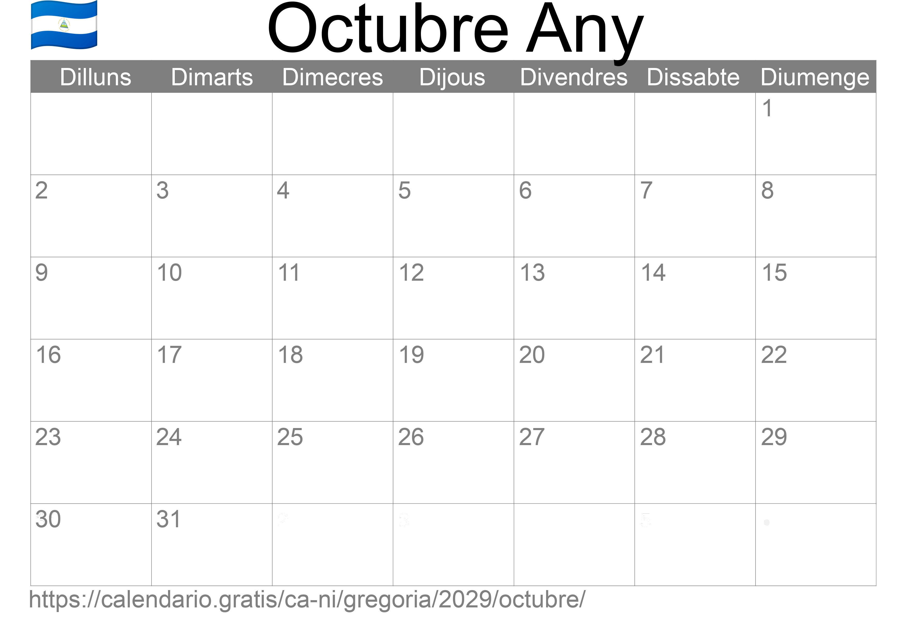 Calendari Octubre 2029 per imprimir