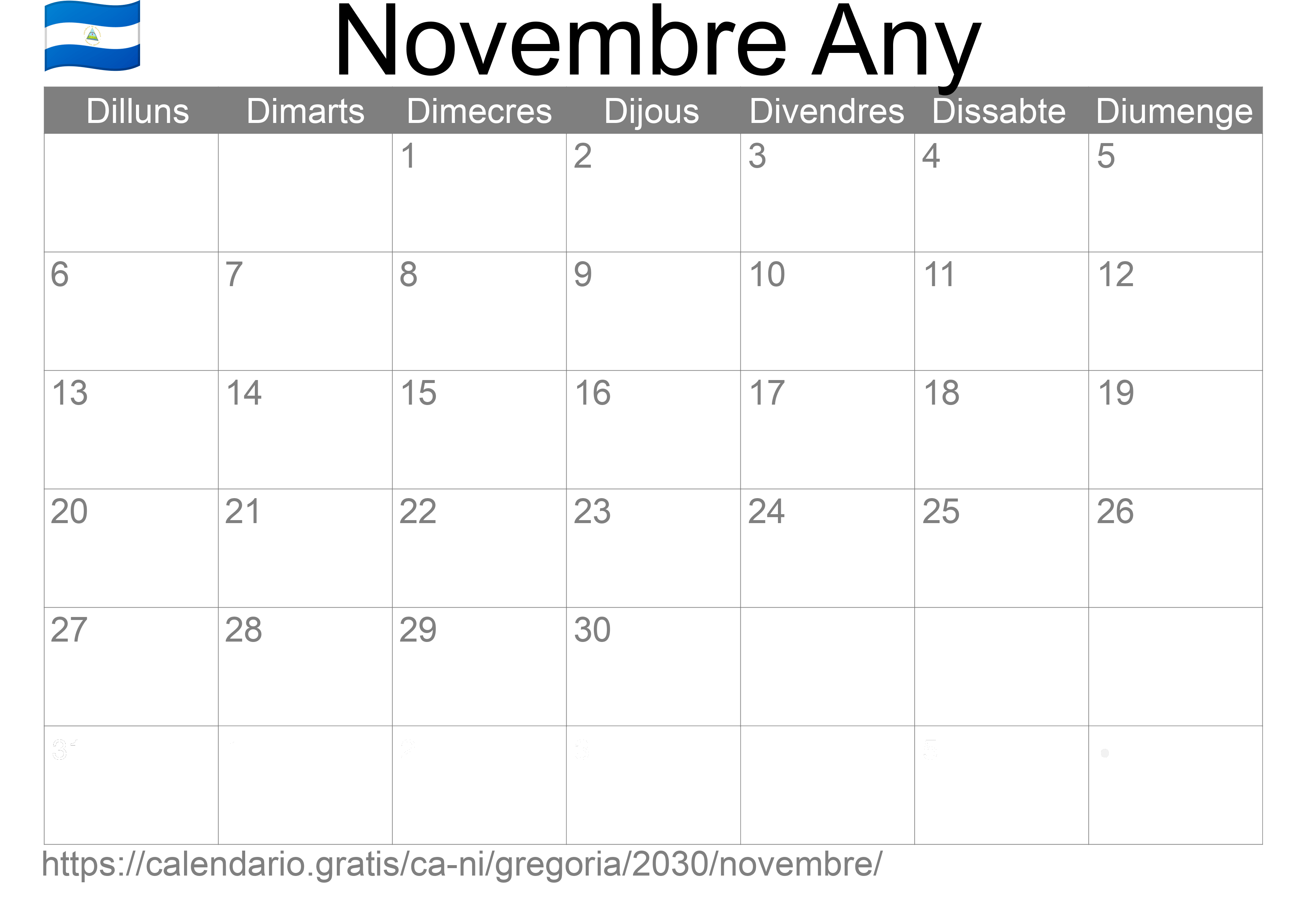 Calendari Novembre 2030 per imprimir