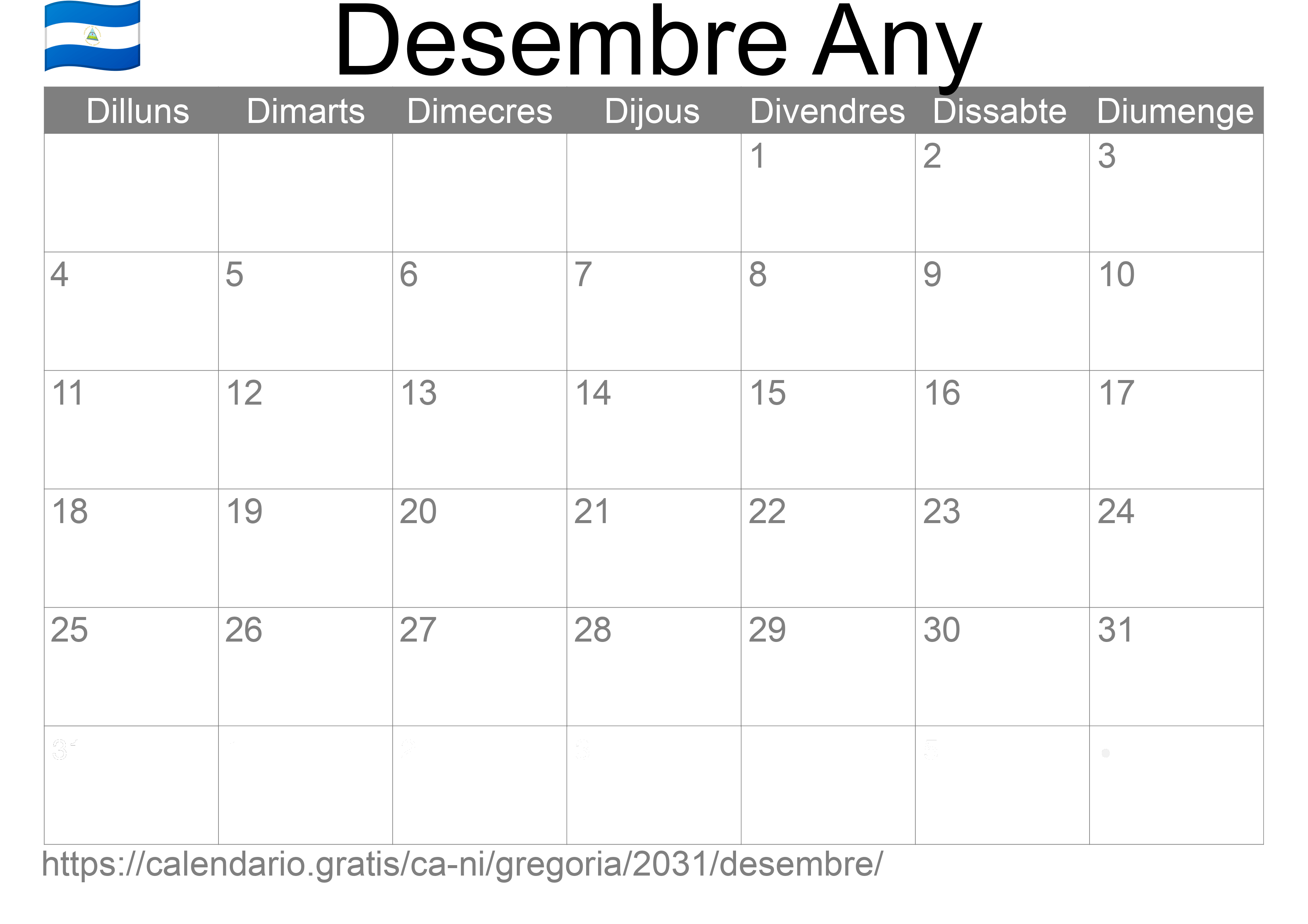 Calendari Desembre 2031 per imprimir