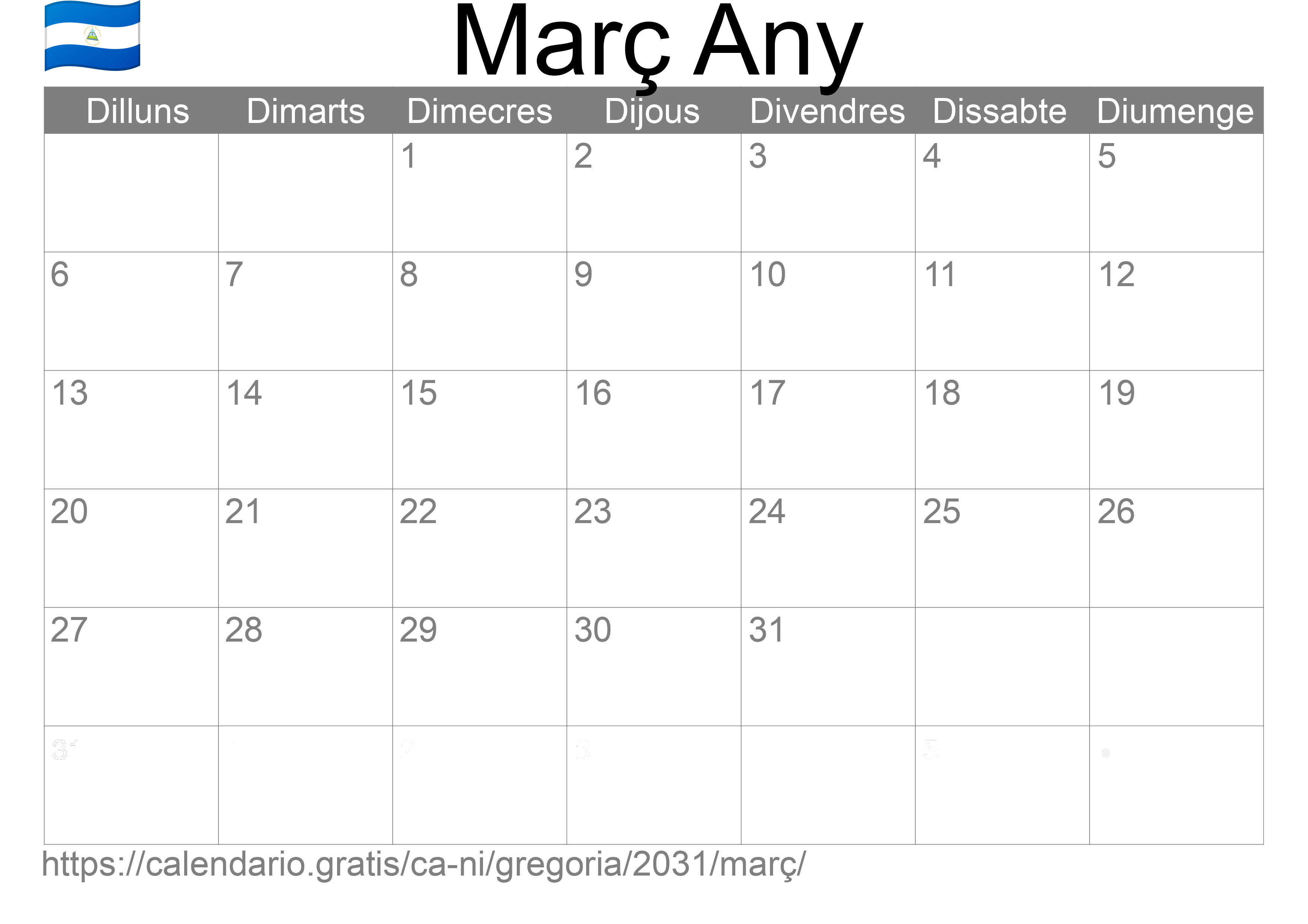 Calendari Març 2031 per imprimir