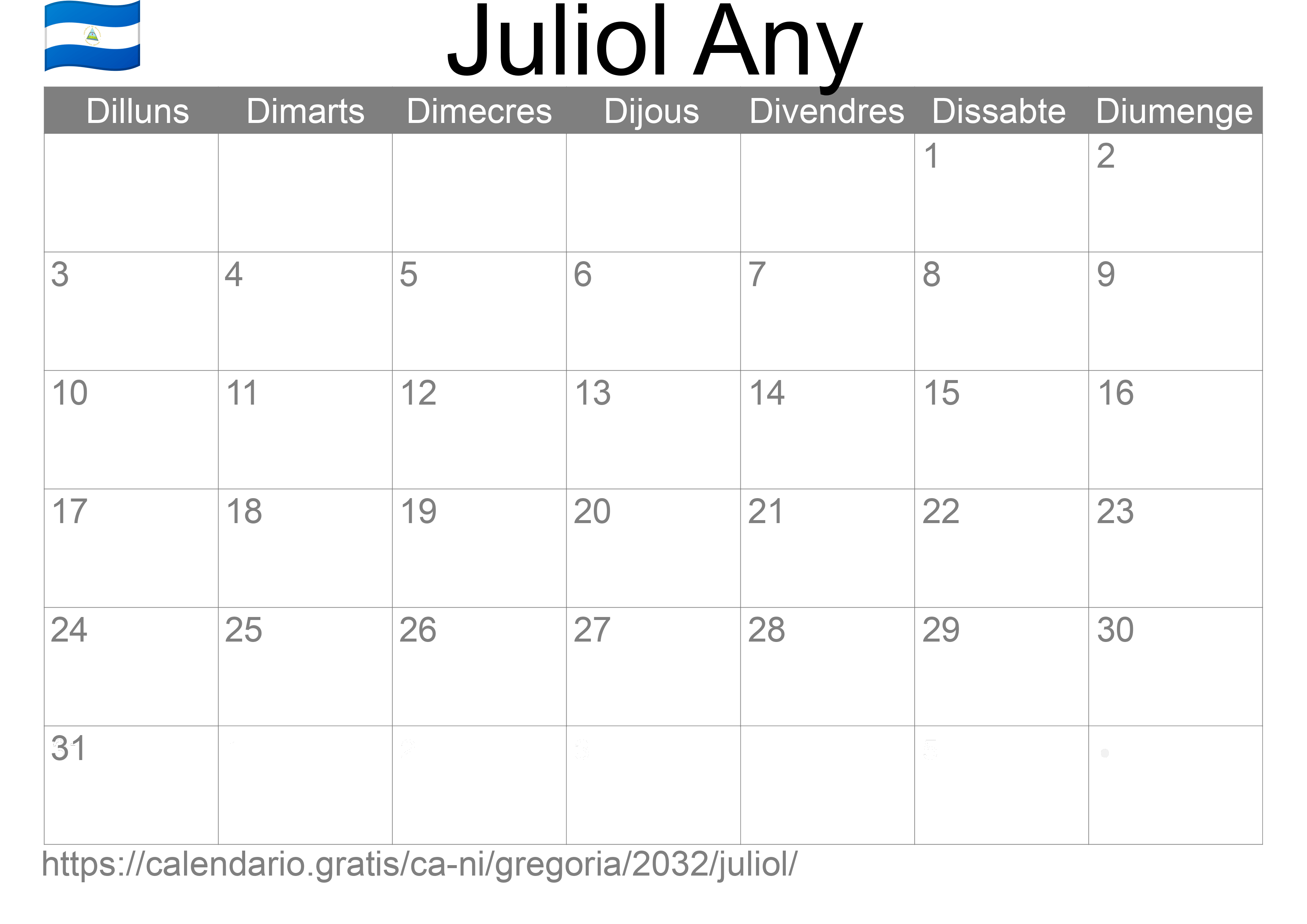 Calendari Juliol 2032 per imprimir