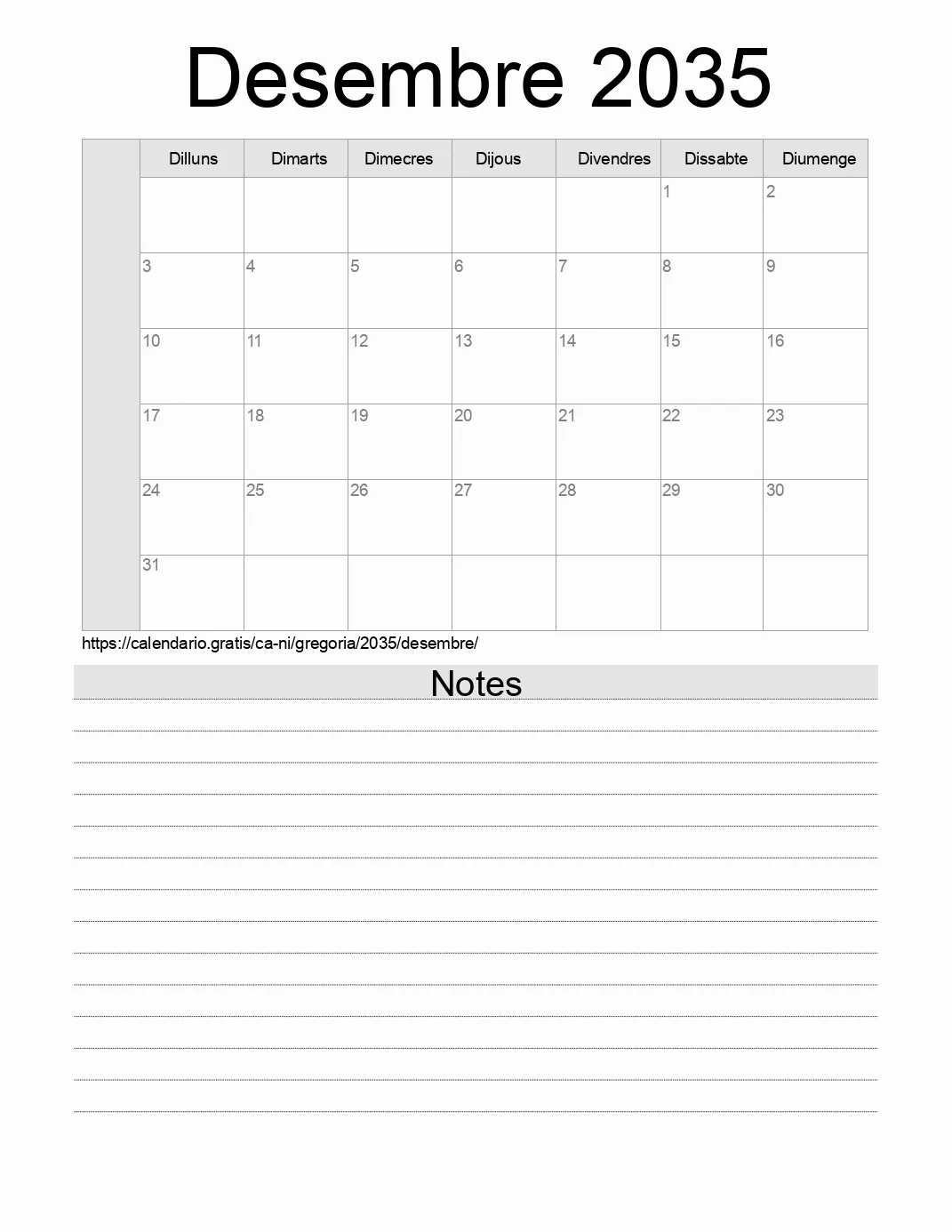 Calendari de Desembre 2035 per imprimir amb notes. (Nicaragua)