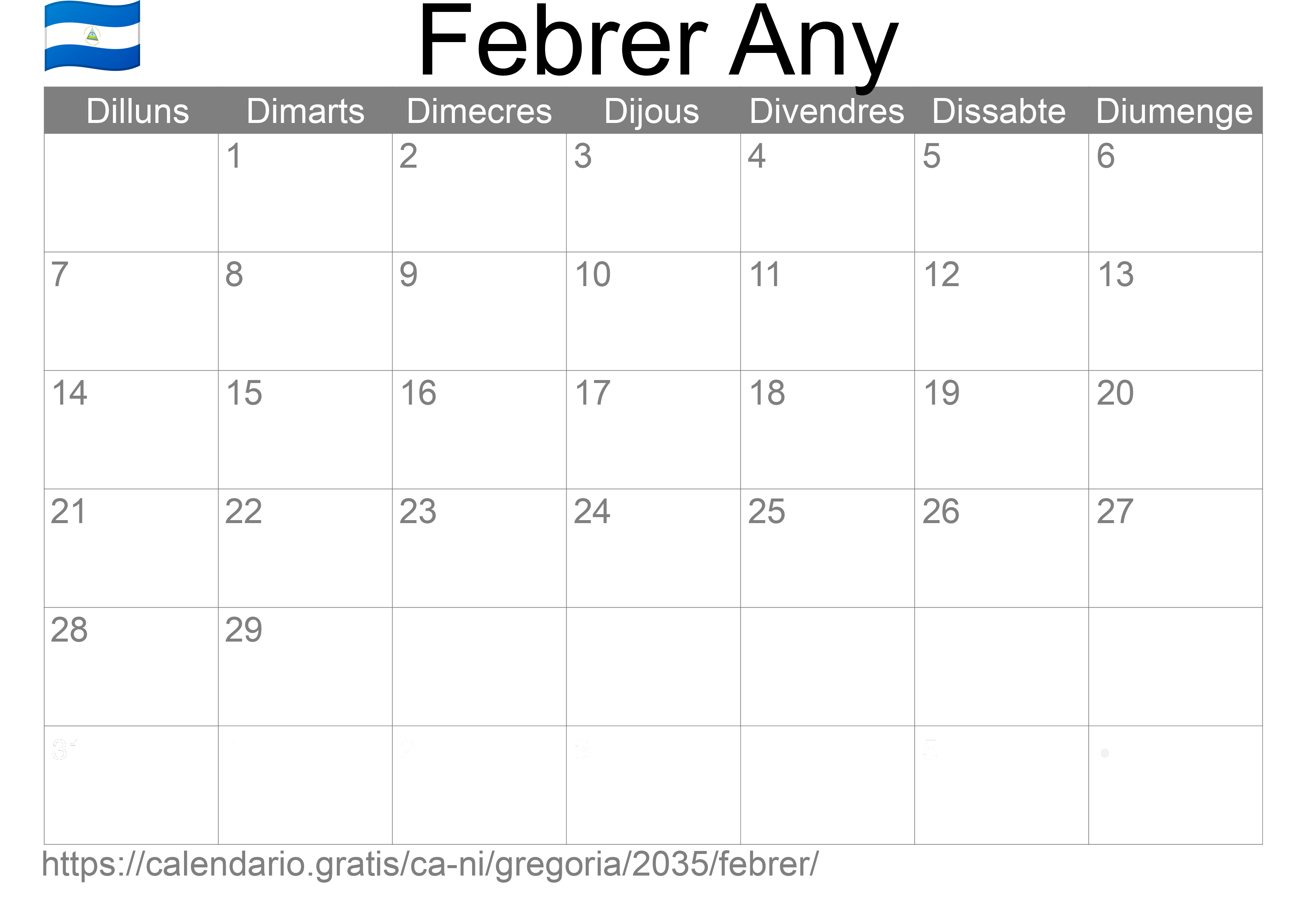 Calendari Febrer 2035 per imprimir