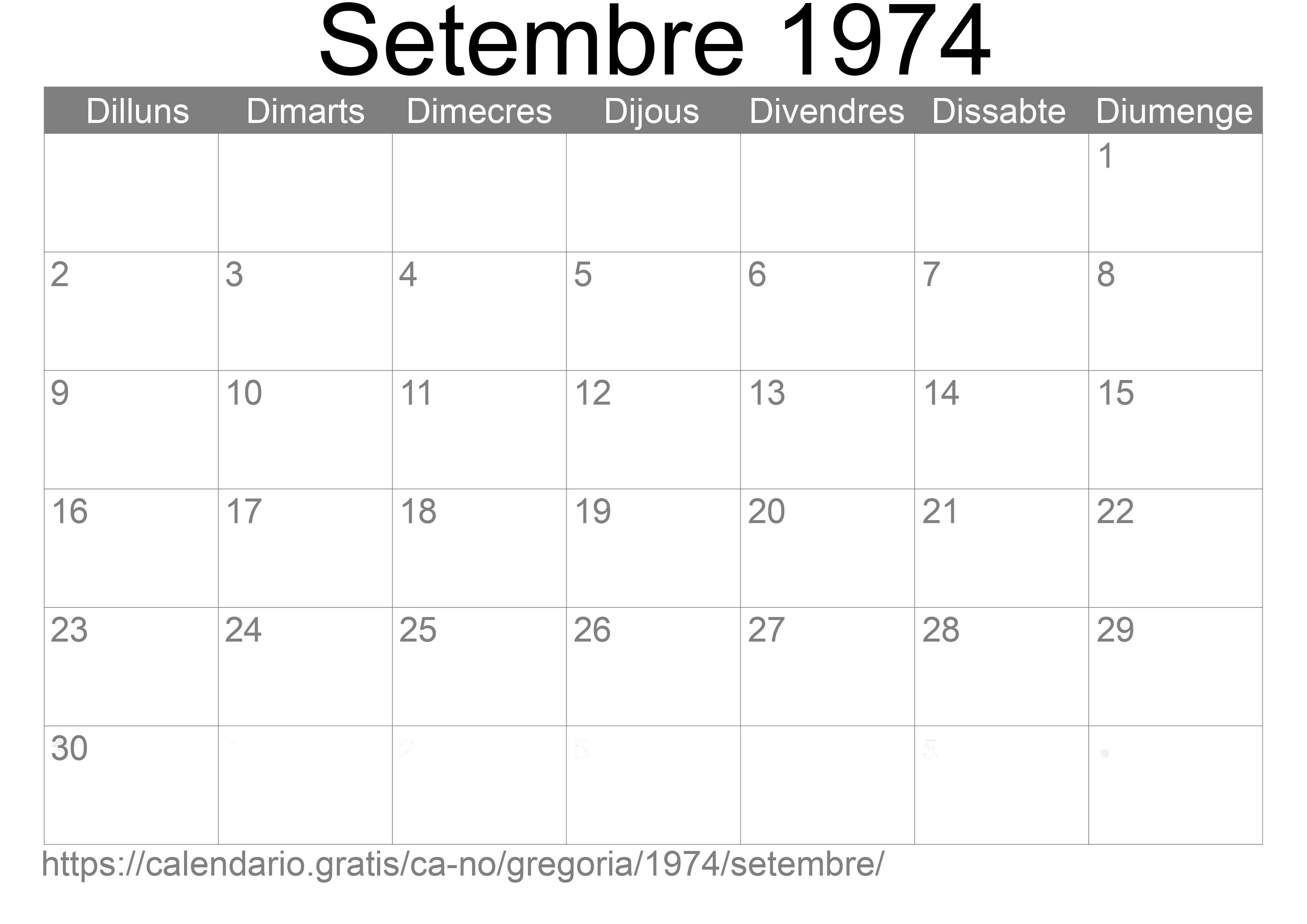 Calendari Setembre 1974 per imprimir (Noruega)