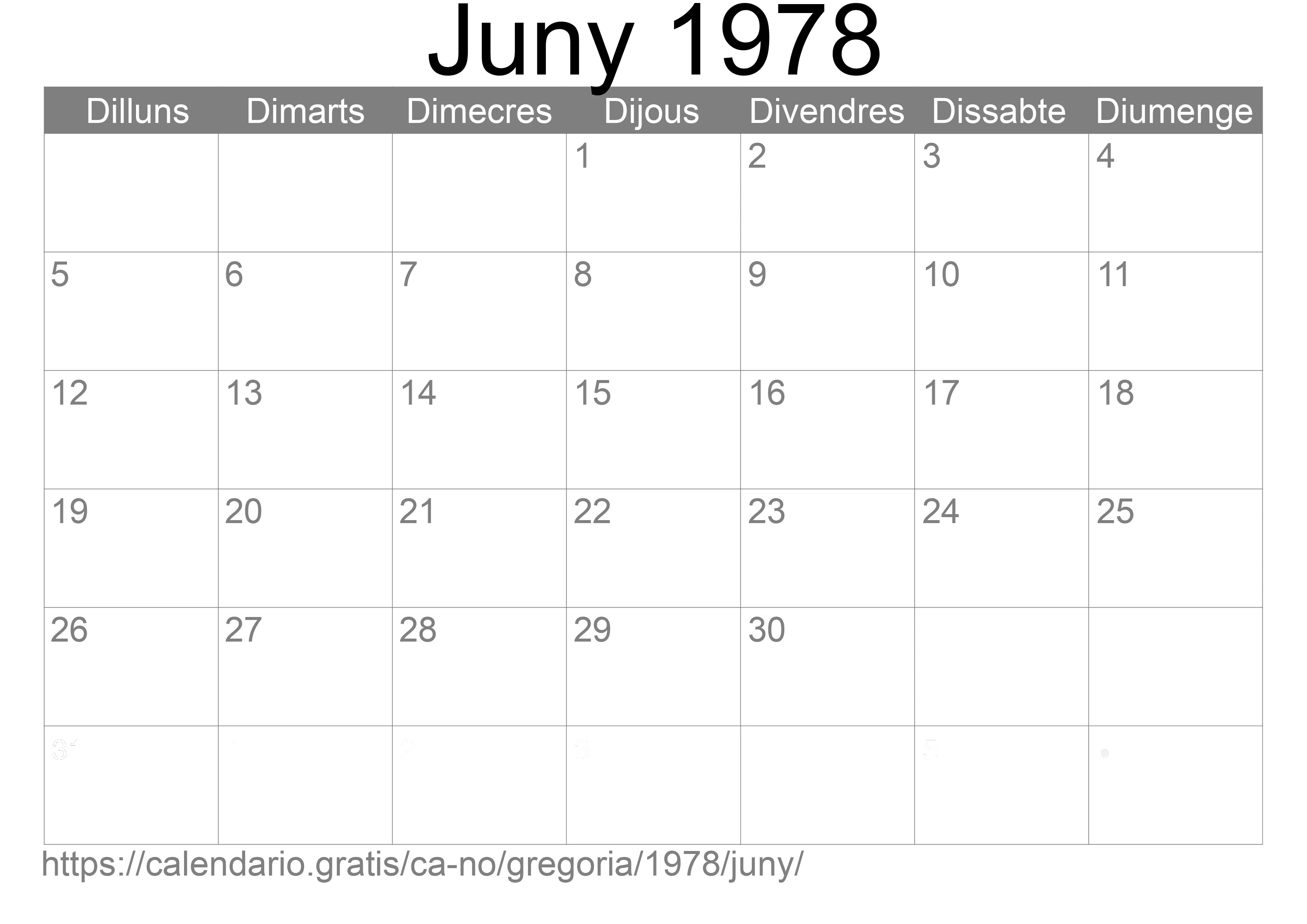 Calendari Juny 1978 per imprimir (Noruega)