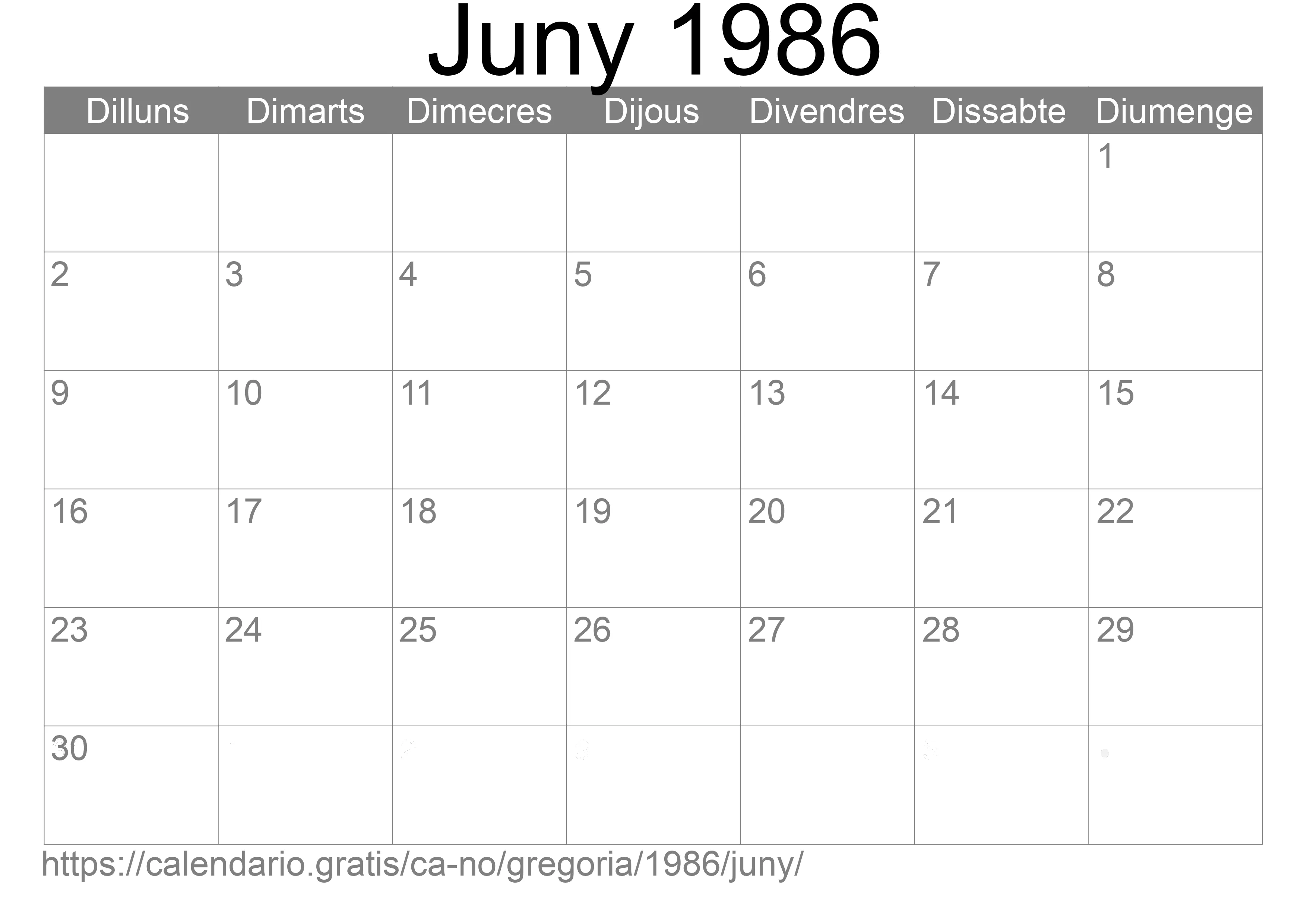 Calendari Juny 1986 per imprimir (Noruega)